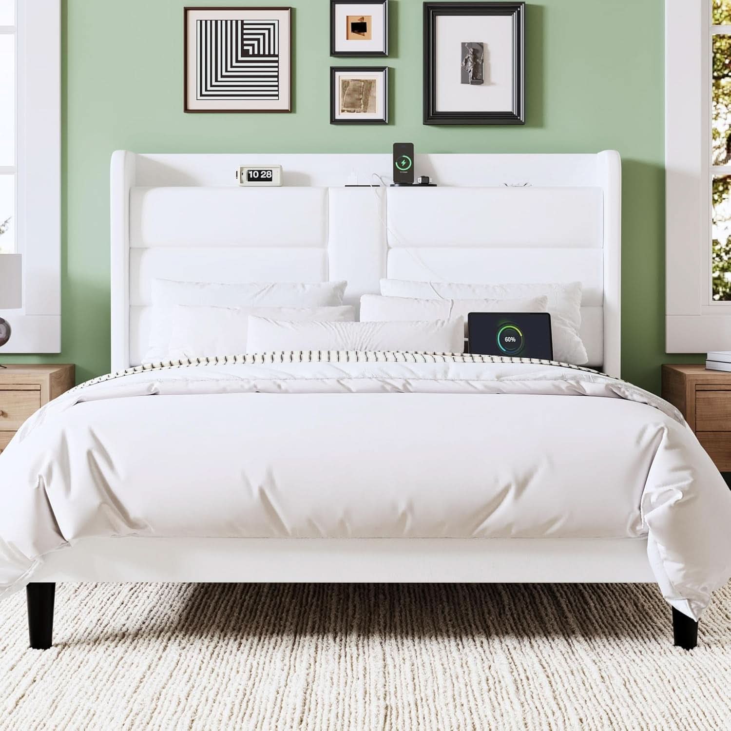Full Size Platform Bed Frame With USB Charging Station And Storage Headboard