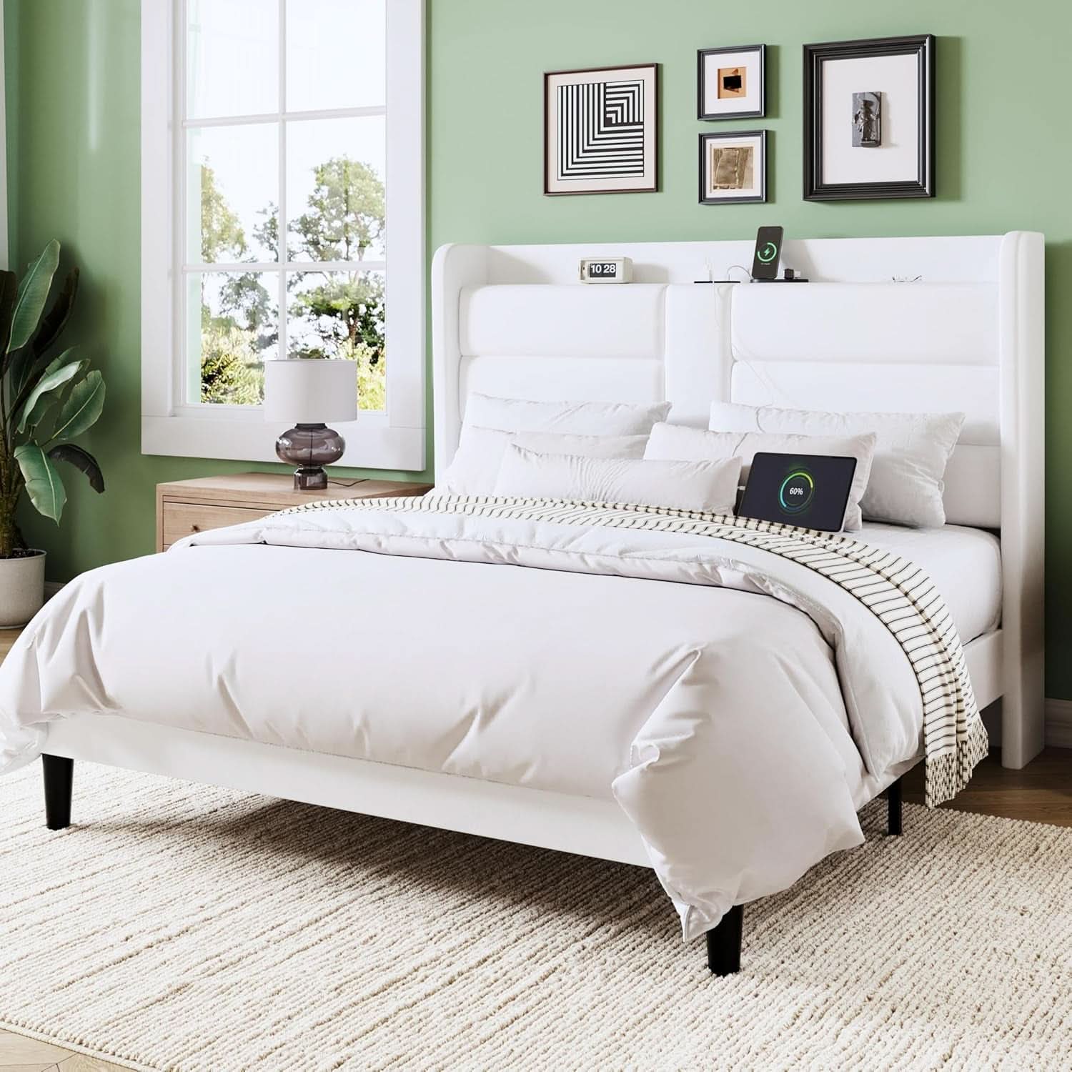 Full Size Platform Bed Frame With USB Charging Station And Storage Headboard
