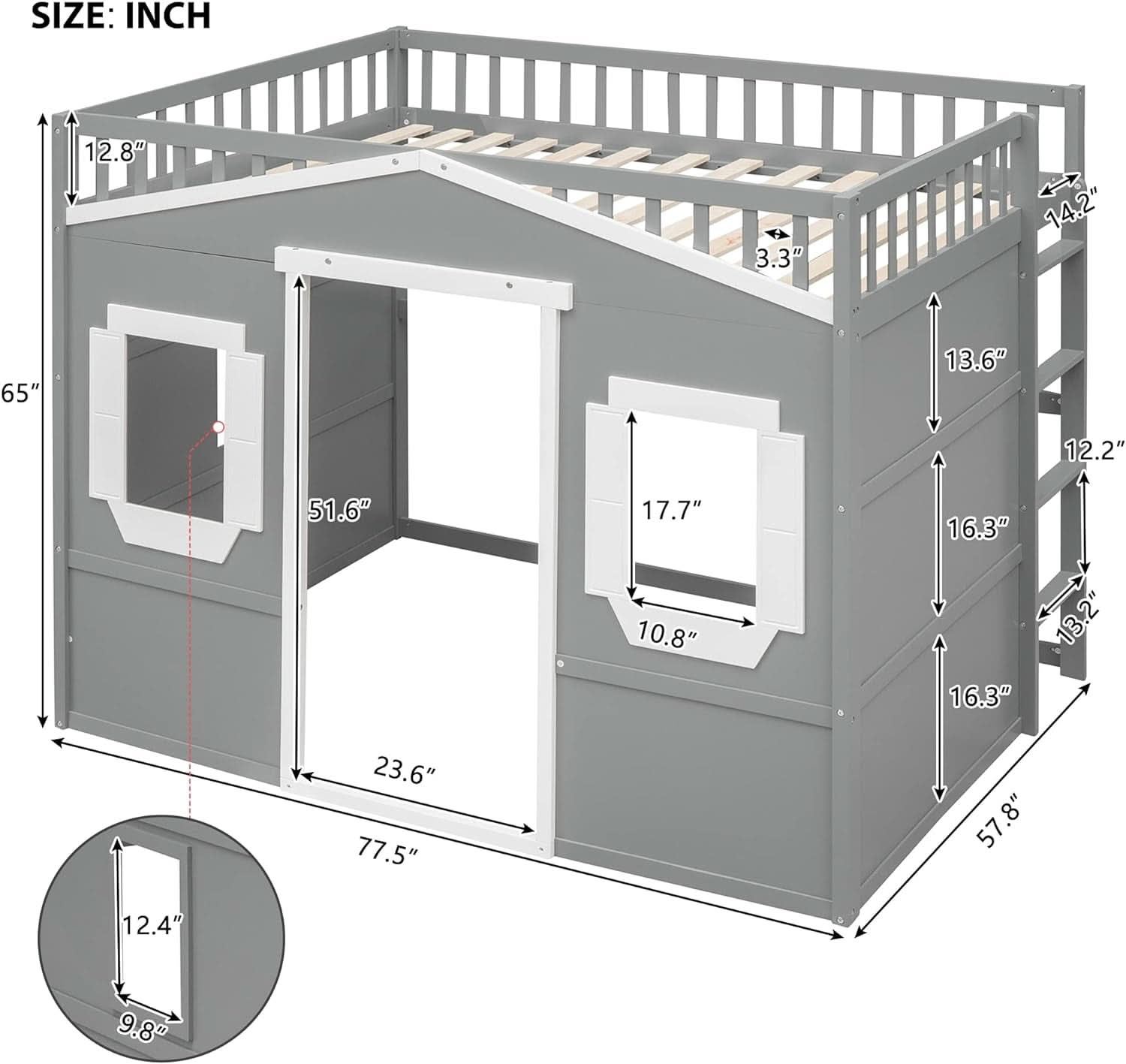 Full Size Playhouse Loft Bed With Window And Ladder