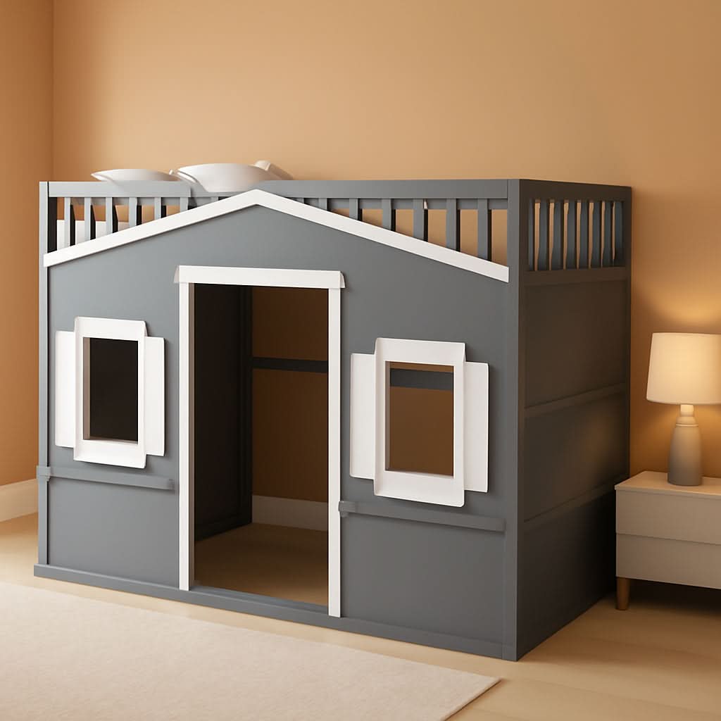 Full Size Playhouse Loft Bed With Window And Ladder