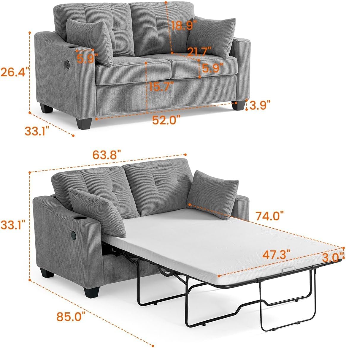 Full Size Pull Out Sofa Bed with USB Charging