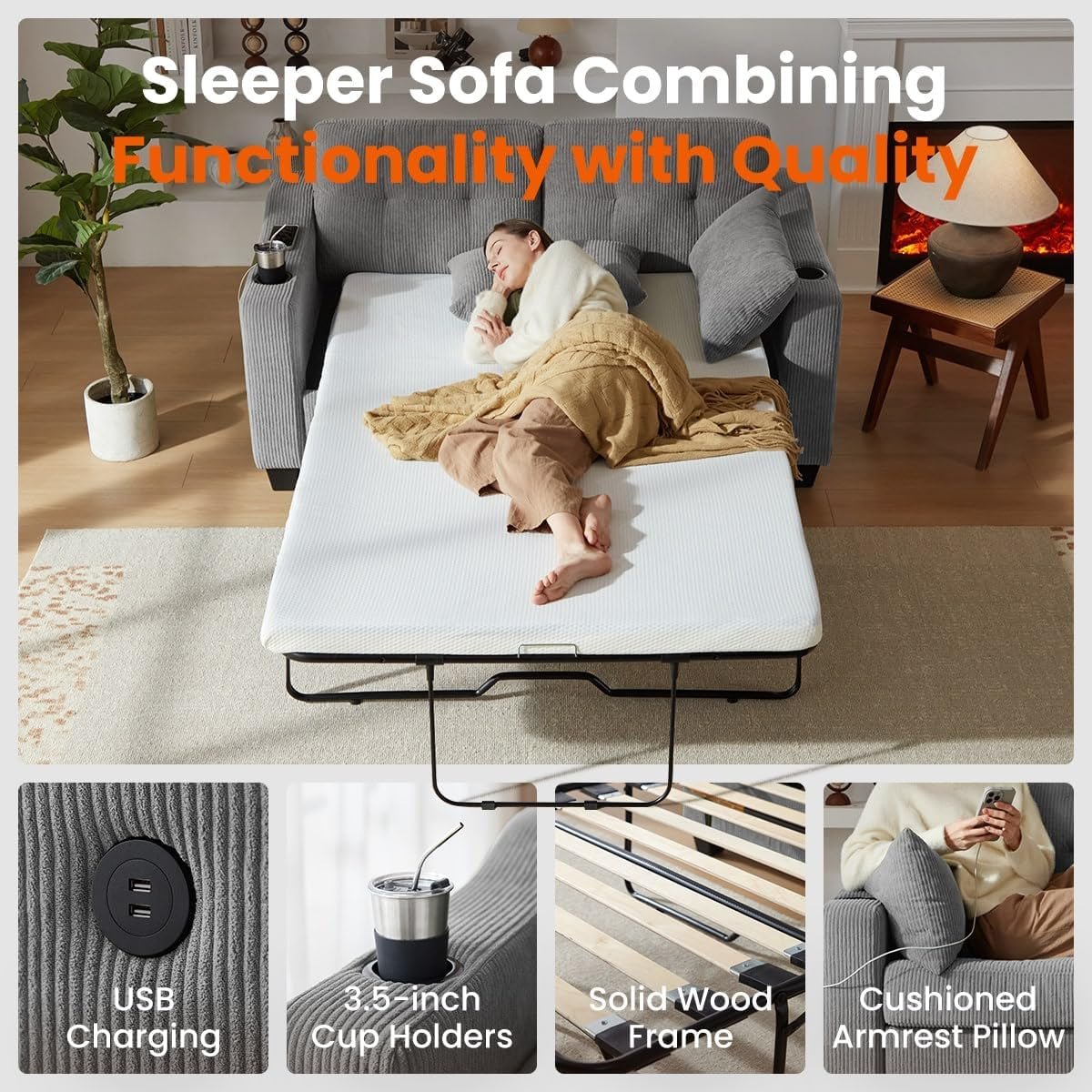 Full Size Pull Out Sofa Bed with USB Charging