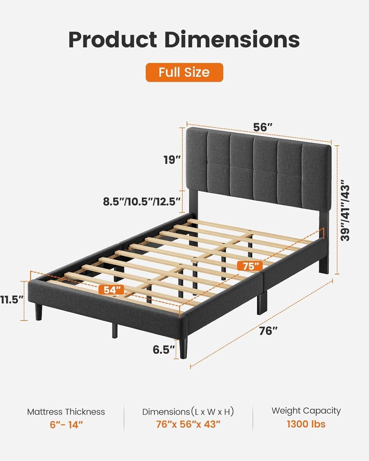 Full Size Upholstered Bed Frame With Adjustable Headboard