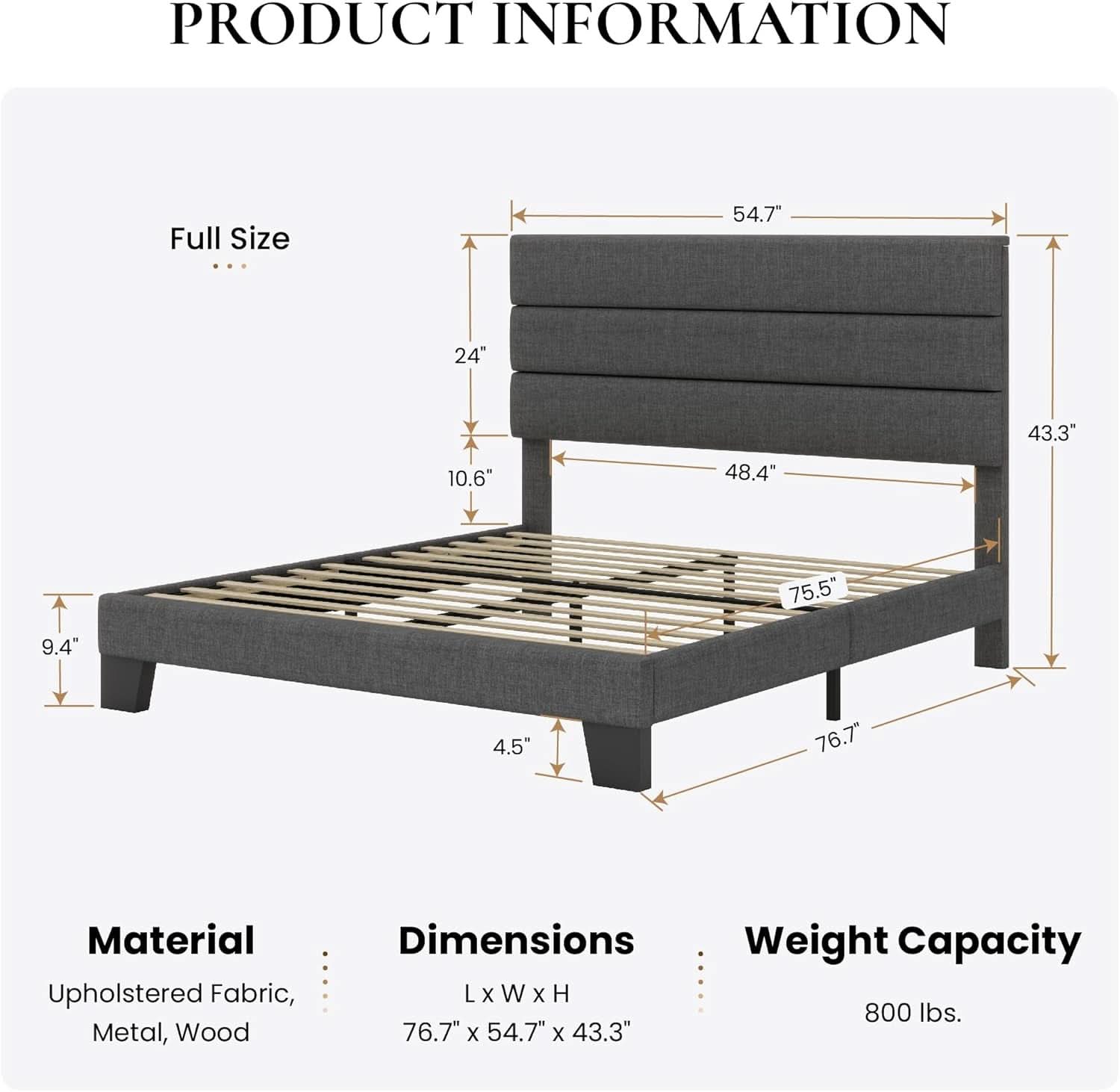 Full Size Upholstered Bed Frame With Grey Headboard