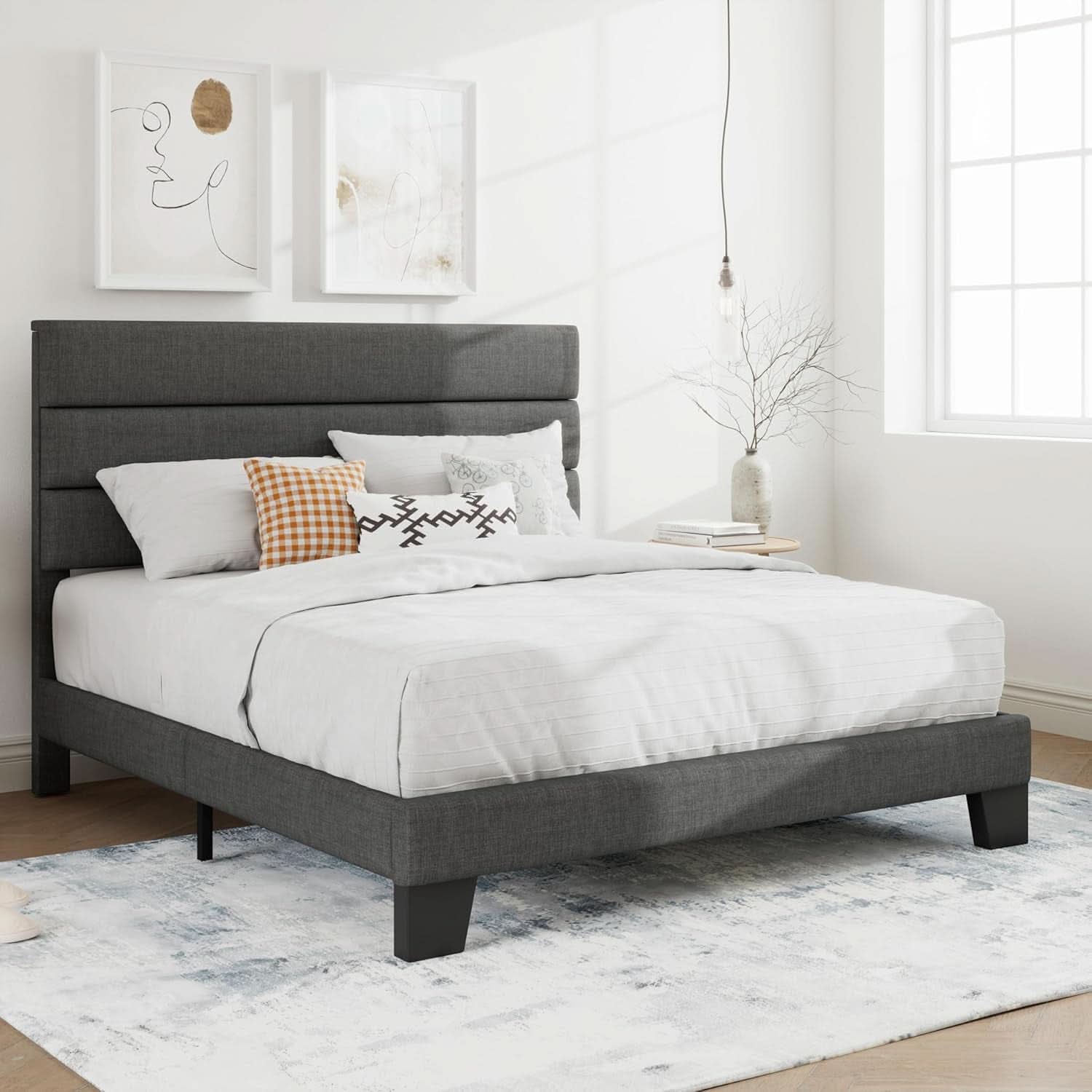 Full Size Upholstered Bed Frame With Grey Headboard