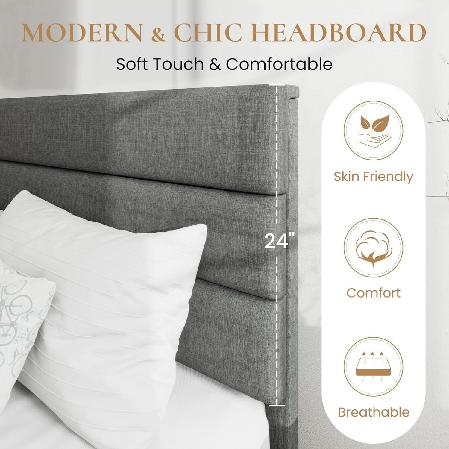 Full Size Upholstered Bed Frame With Grey Headboard