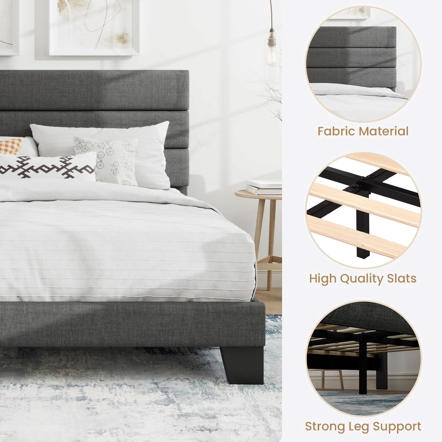 Full Size Upholstered Bed Frame With Grey Headboard