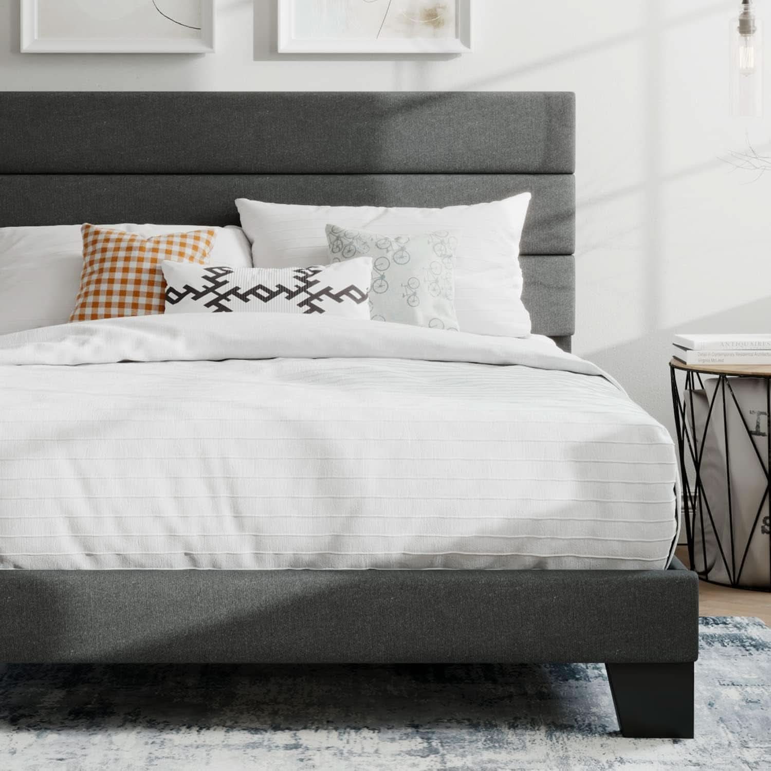 Full Size Upholstered Bed Frame With Grey Headboard