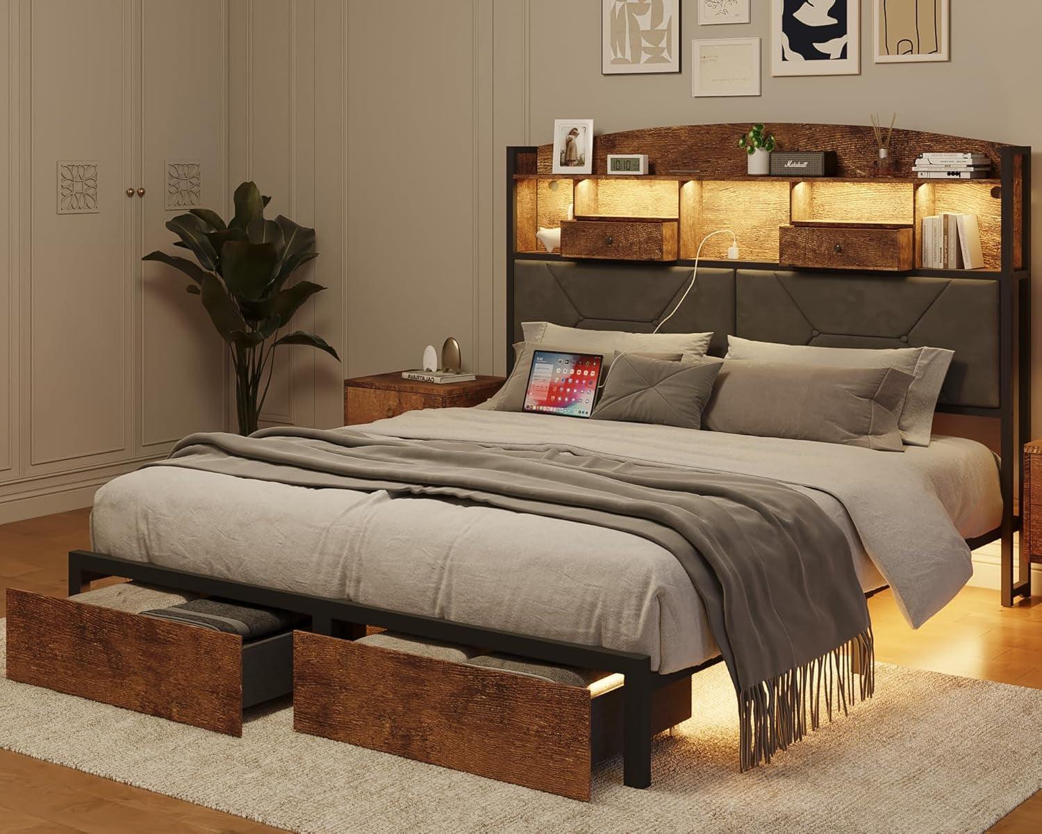 Full Size Velvet Bed Frame With Storage And Drawers