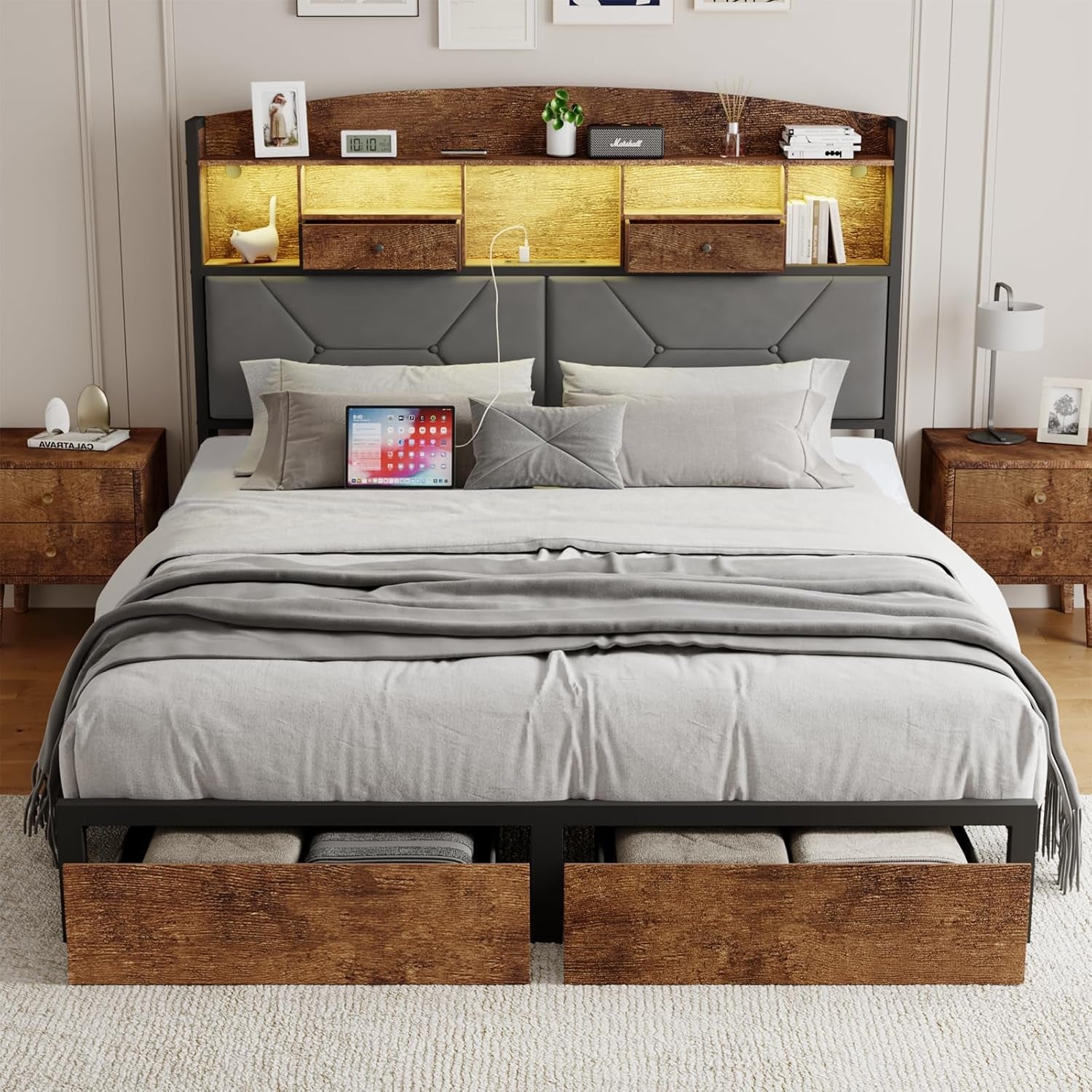 Full Size Velvet Bed Frame With Storage And Drawers