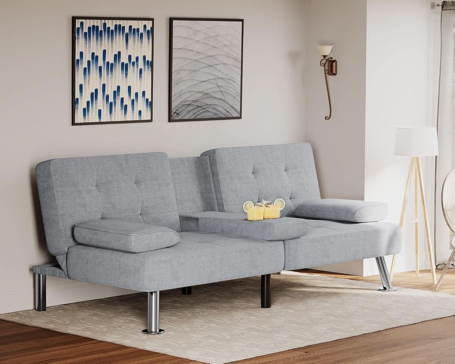 Futon Sofa Bed Light Grey Linen With Cup Holders Removable Armrests