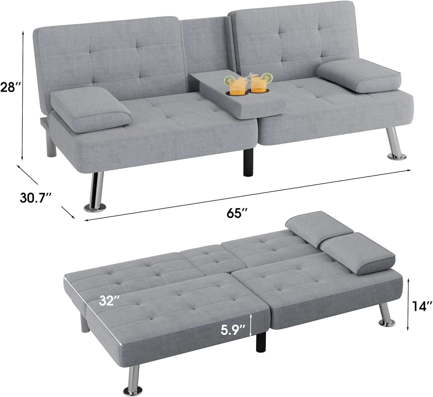 Futon Sofa Bed Light Grey Linen With Cup Holders Removable Armrests