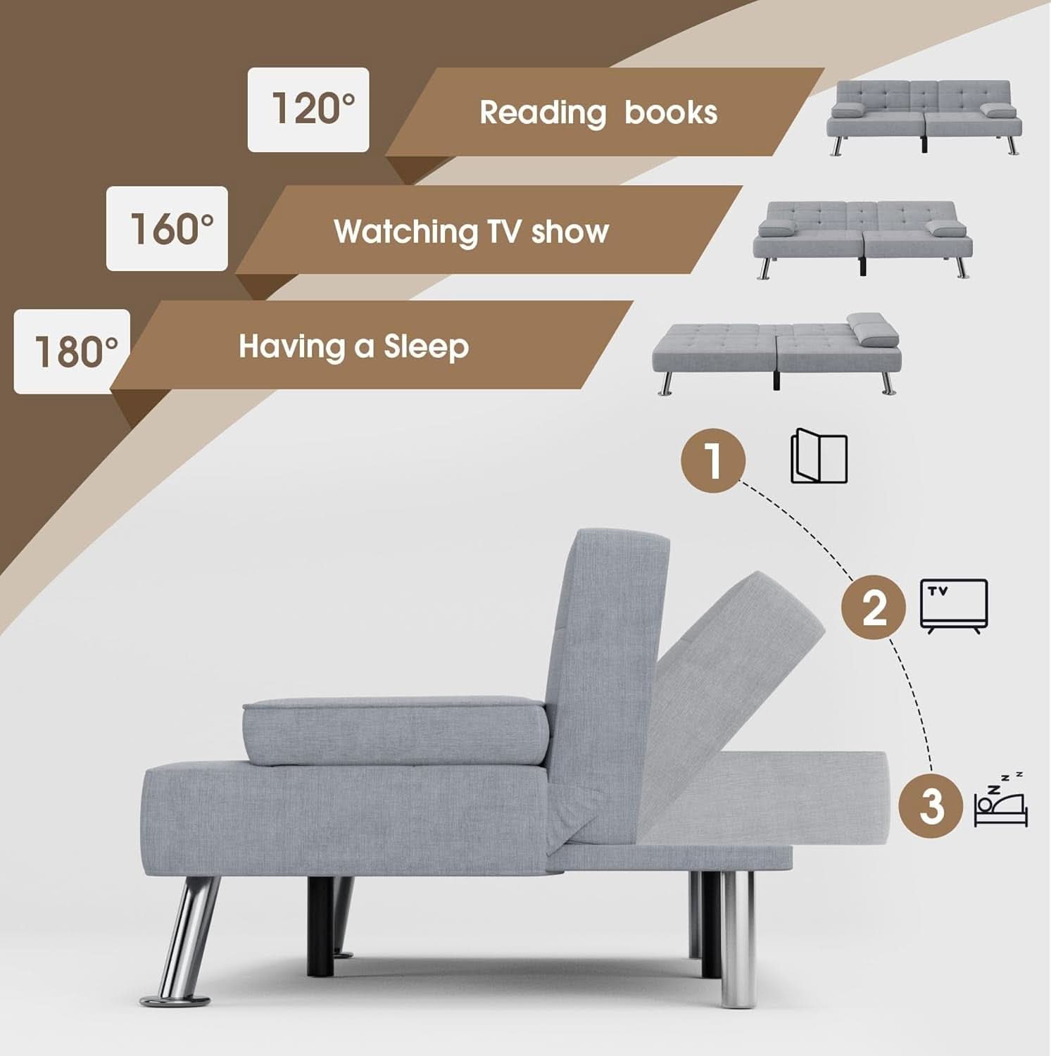 Futon Sofa Bed Light Grey Linen With Cup Holders Removable Armrests