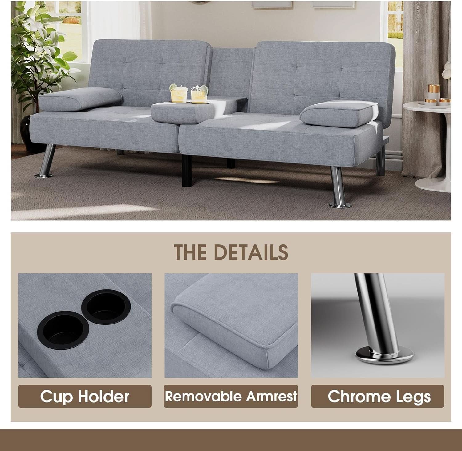 Futon Sofa Bed Light Grey Linen With Cup Holders Removable Armrests