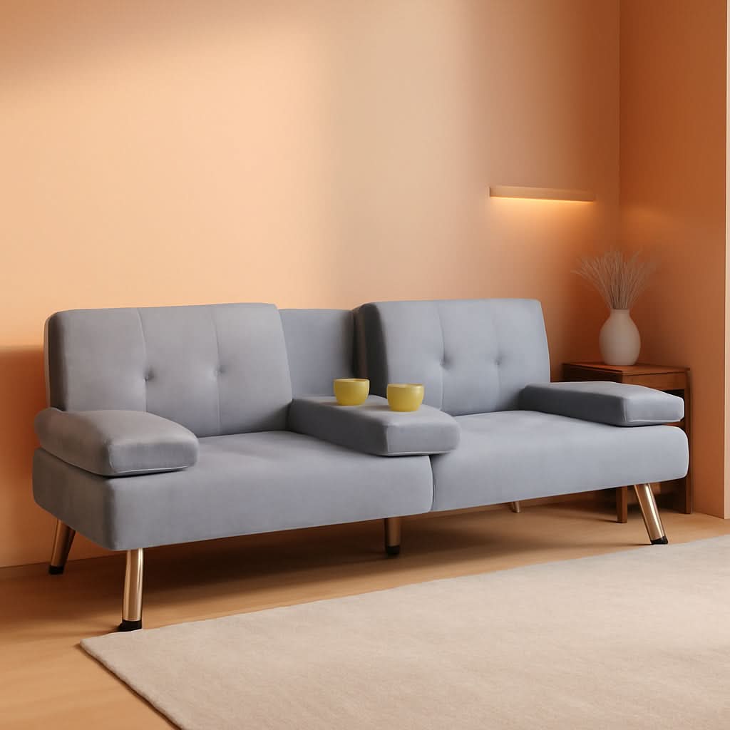 Futon Sofa Bed Light Grey Linen With Cup Holders Removable Armrests