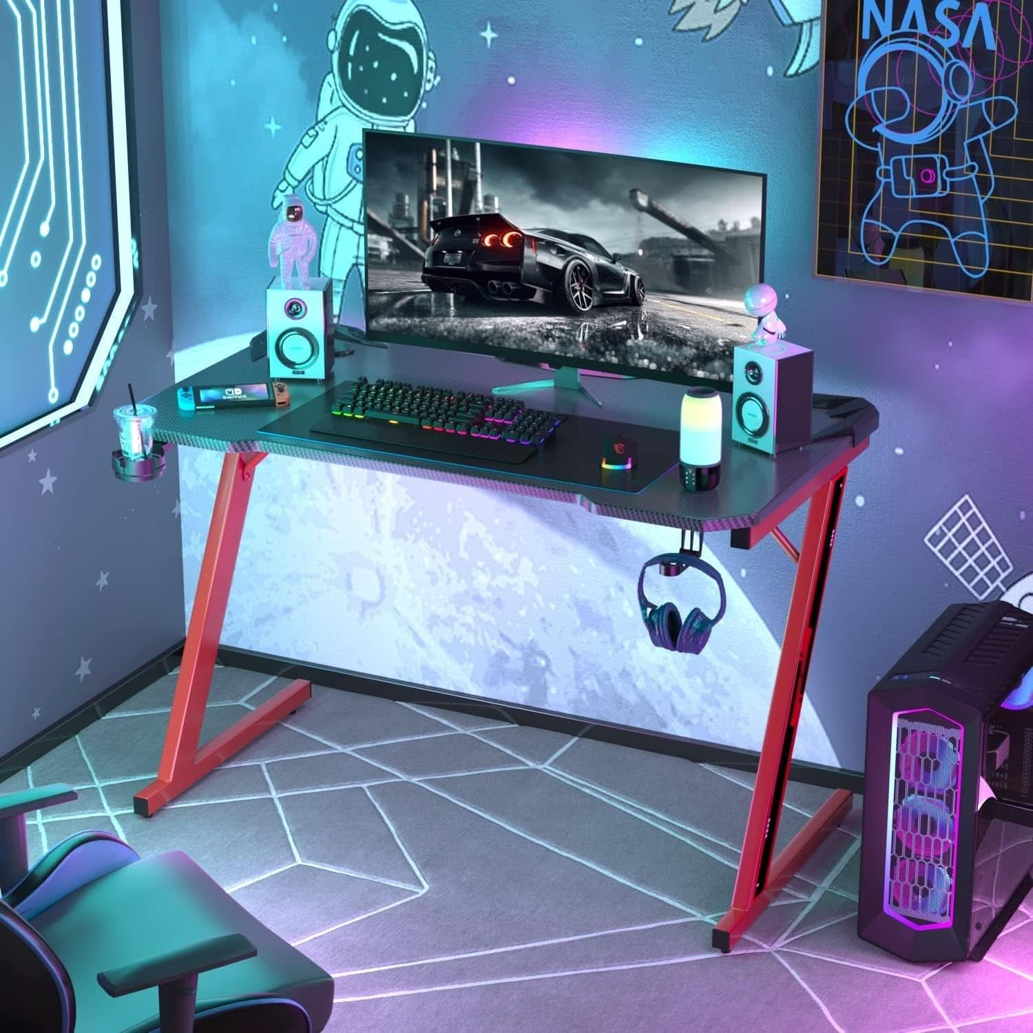 Gaming Desk 44 Inch Z Shaped With Carbon Fiber Surface Red
