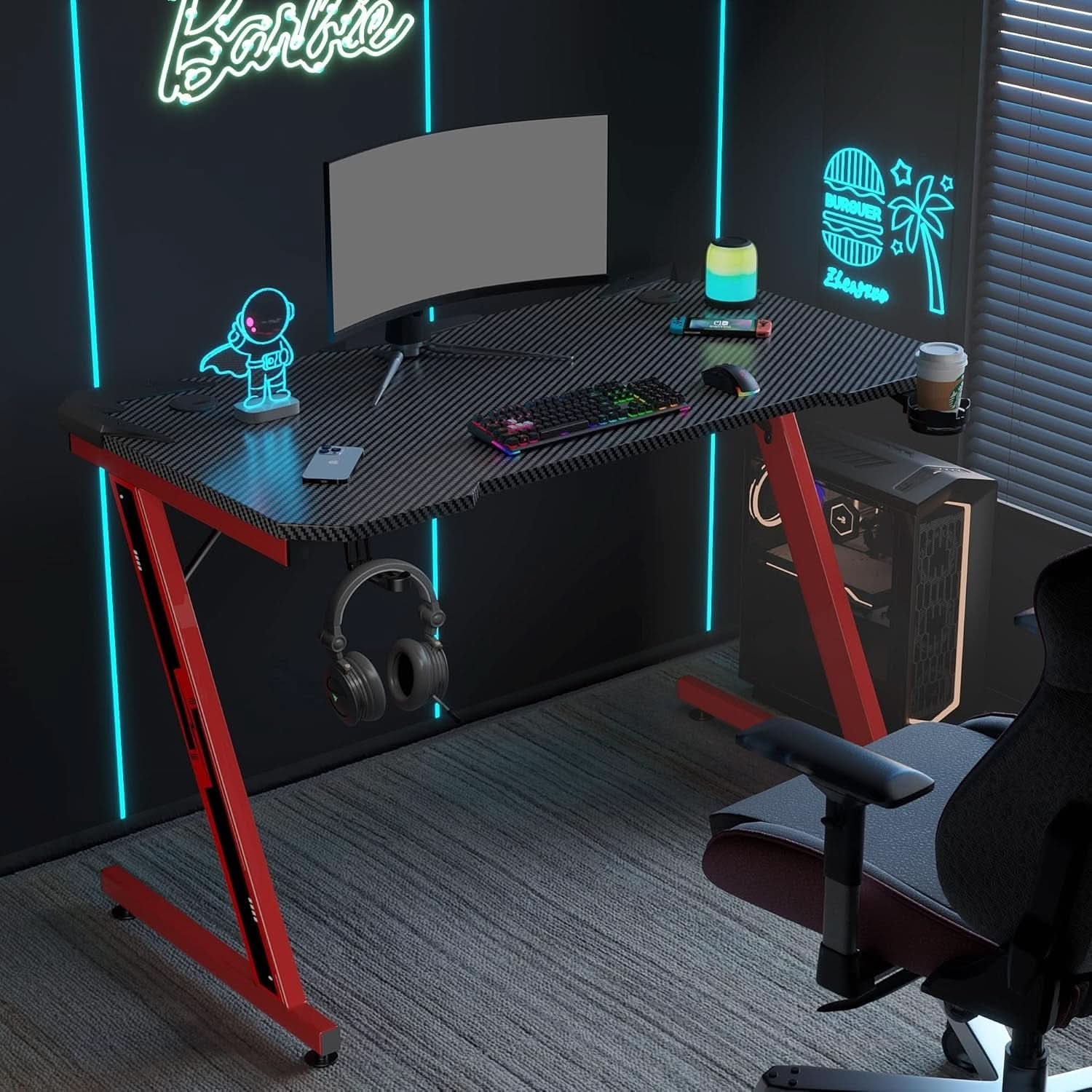 Gaming Desk 44 Inch Z Shaped With Carbon Fiber Surface Red