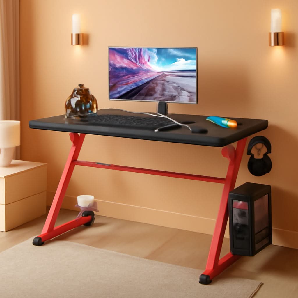Gaming Desk 44 Inch Z Shaped With Carbon Fiber Surface Red