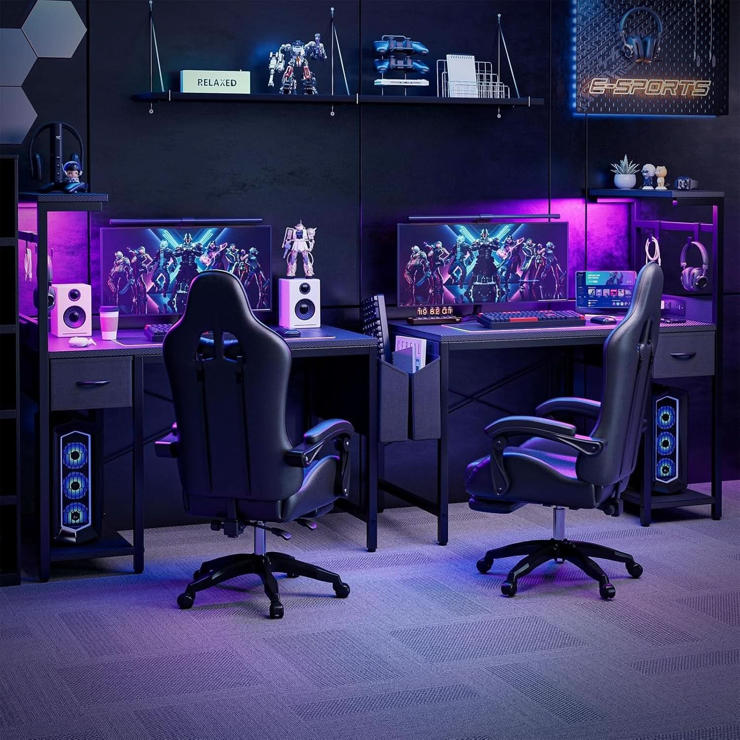 Gaming Desk 55 Inch With Power Outlet And Led Light Carbon Black