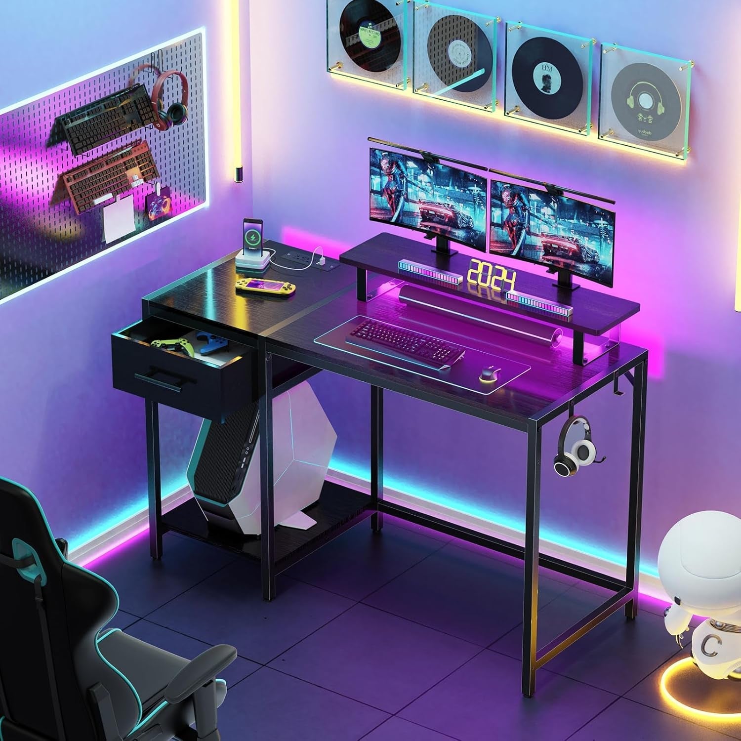 Gaming Desk With LED Lights Power Outlet And Drawers