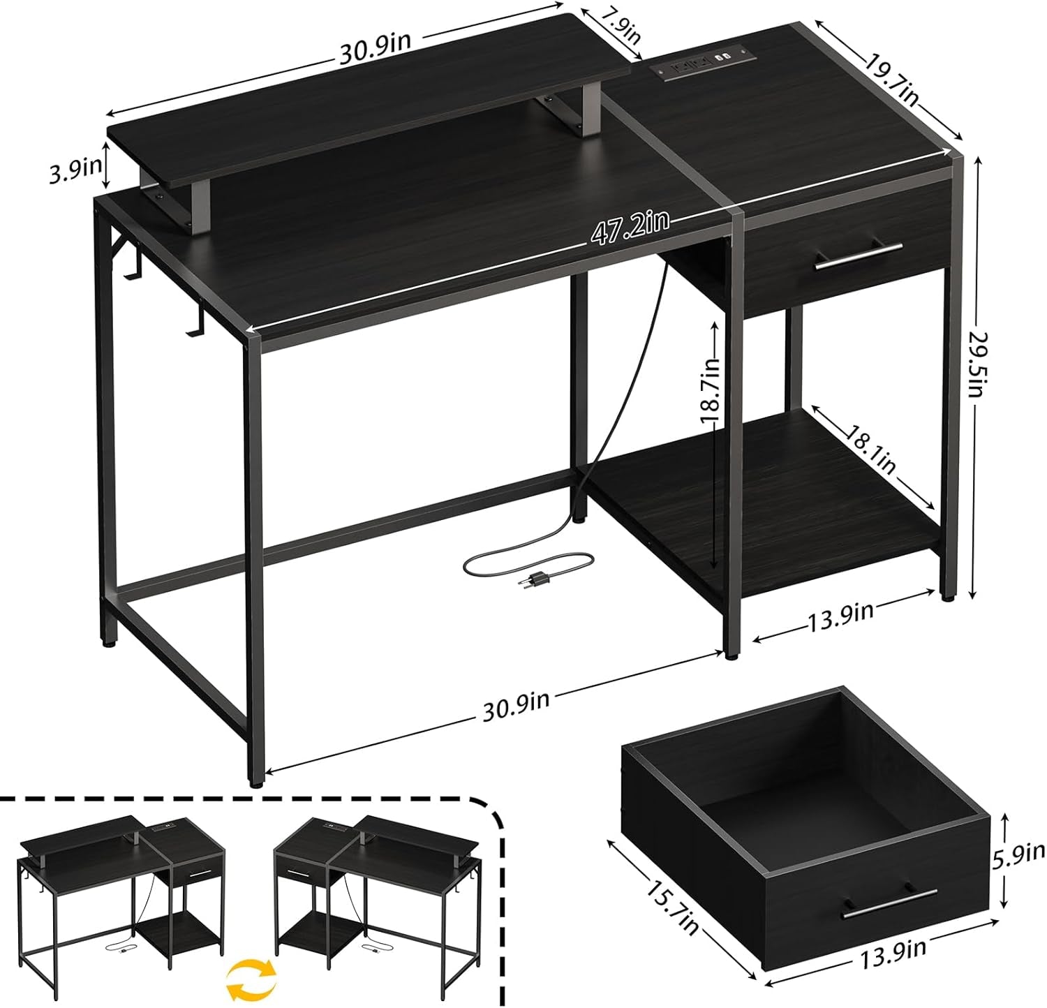 Gaming Desk With LED Lights Power Outlet And Drawers