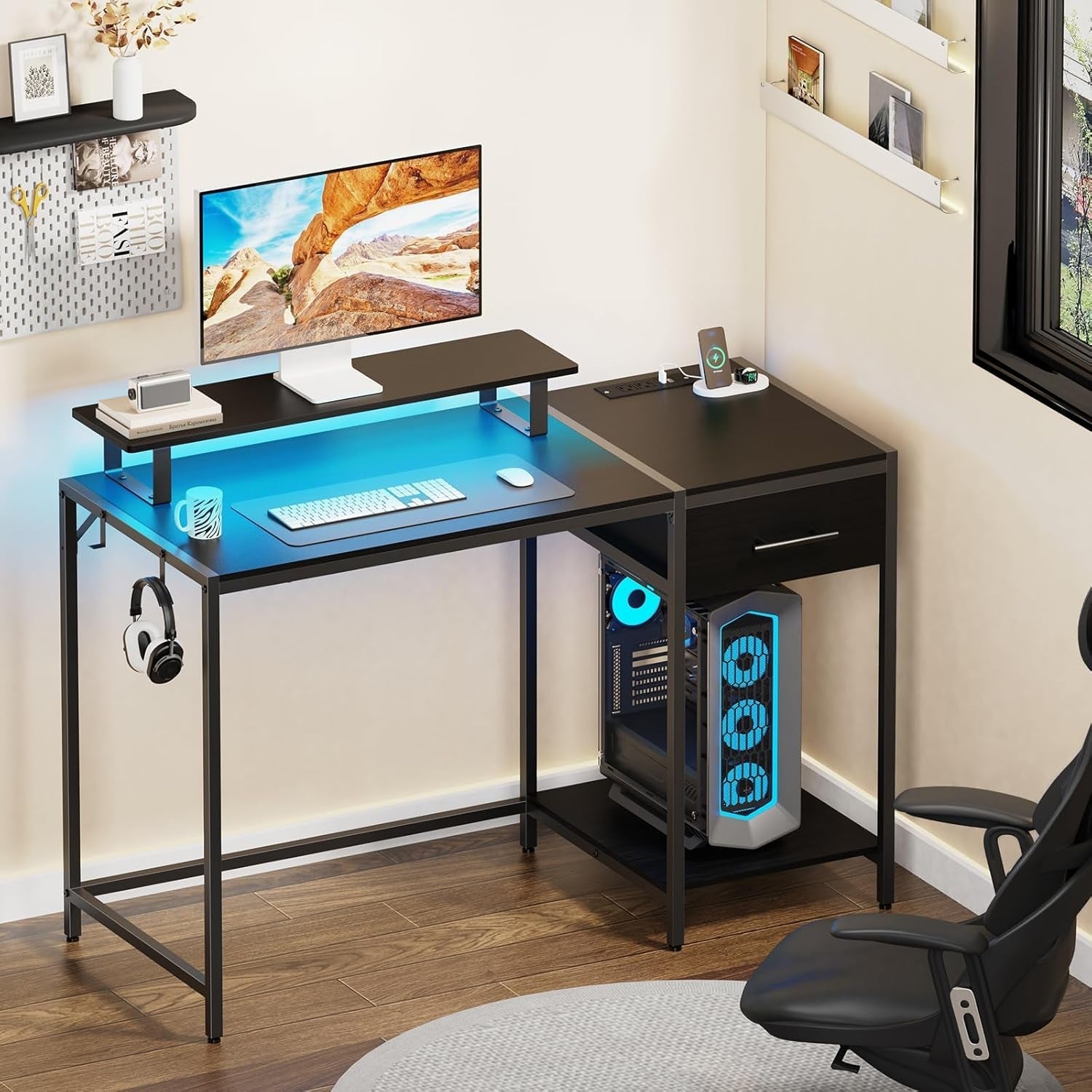 Gaming Desk With LED Lights Power Outlet And Drawers
