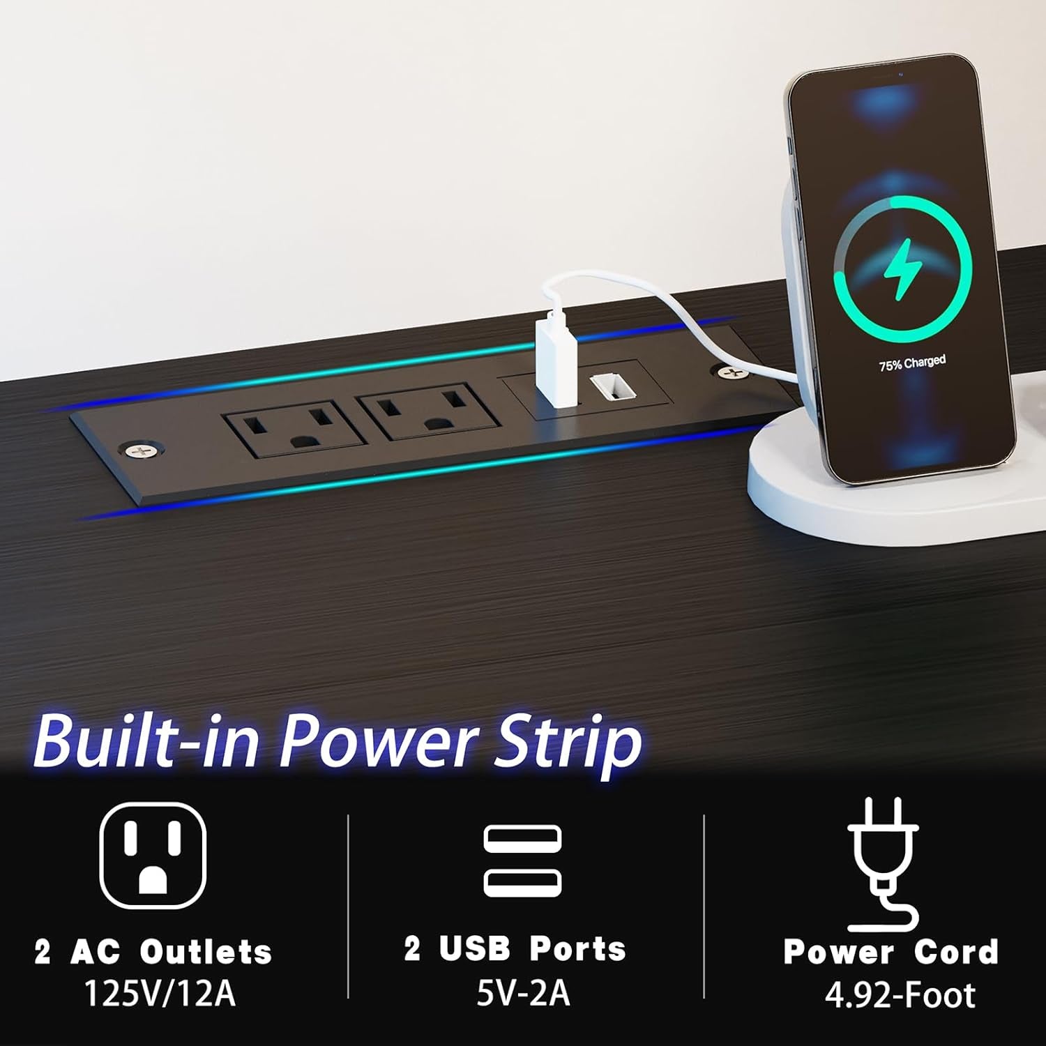 Gaming Desk With LED Lights Power Outlet And Drawers