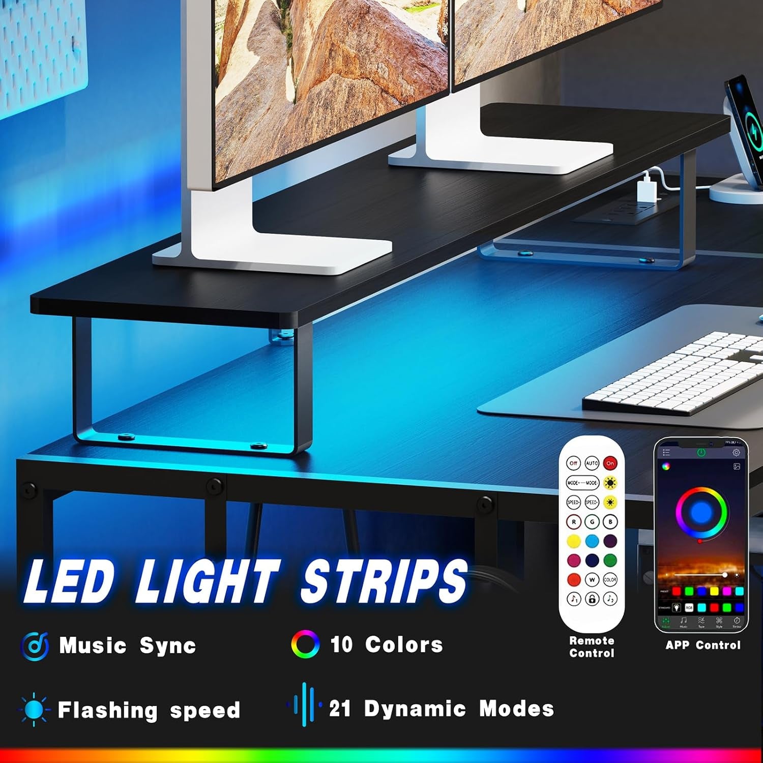 Gaming Desk With LED Lights Power Outlet And Drawers