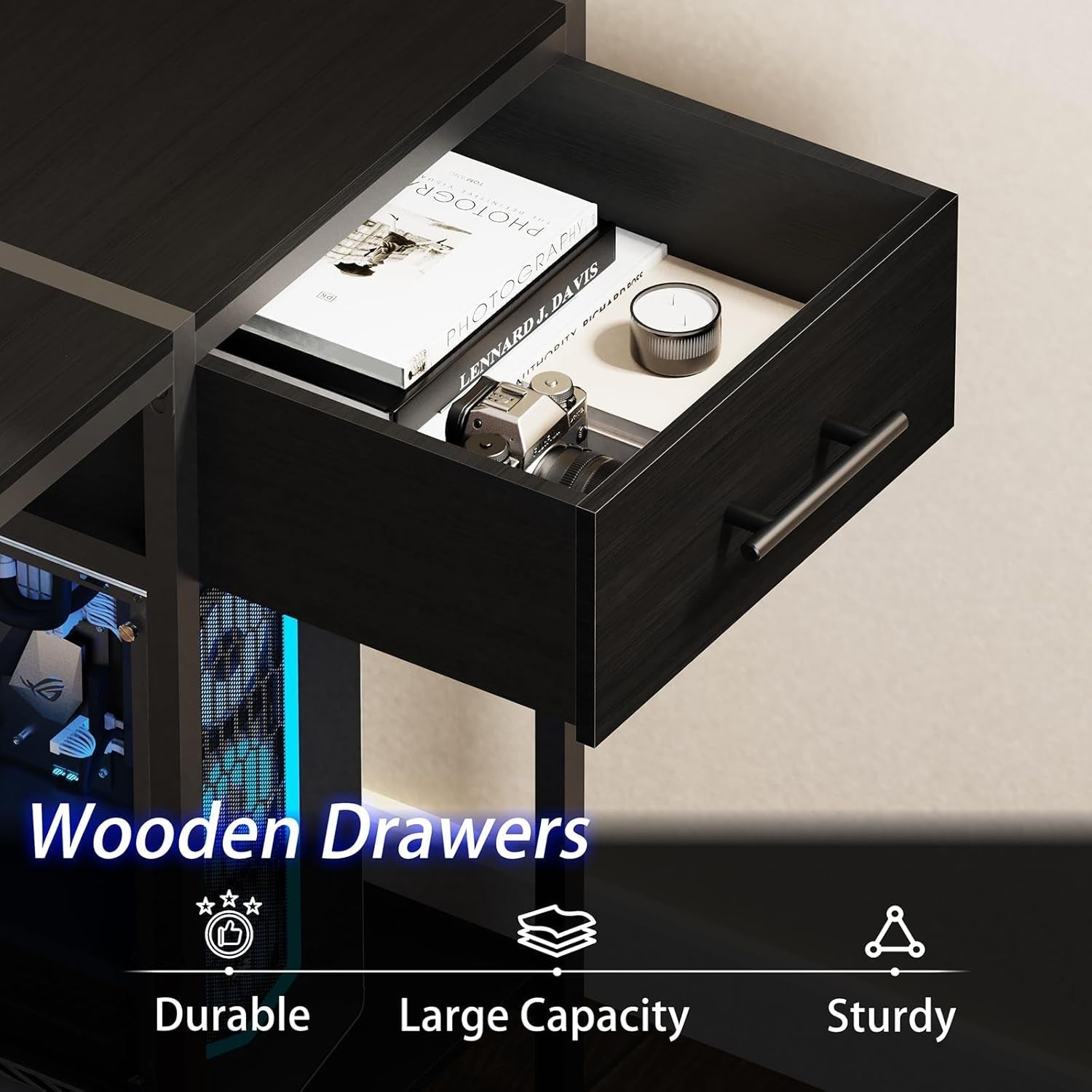 Gaming Desk With LED Lights Power Outlet And Drawers