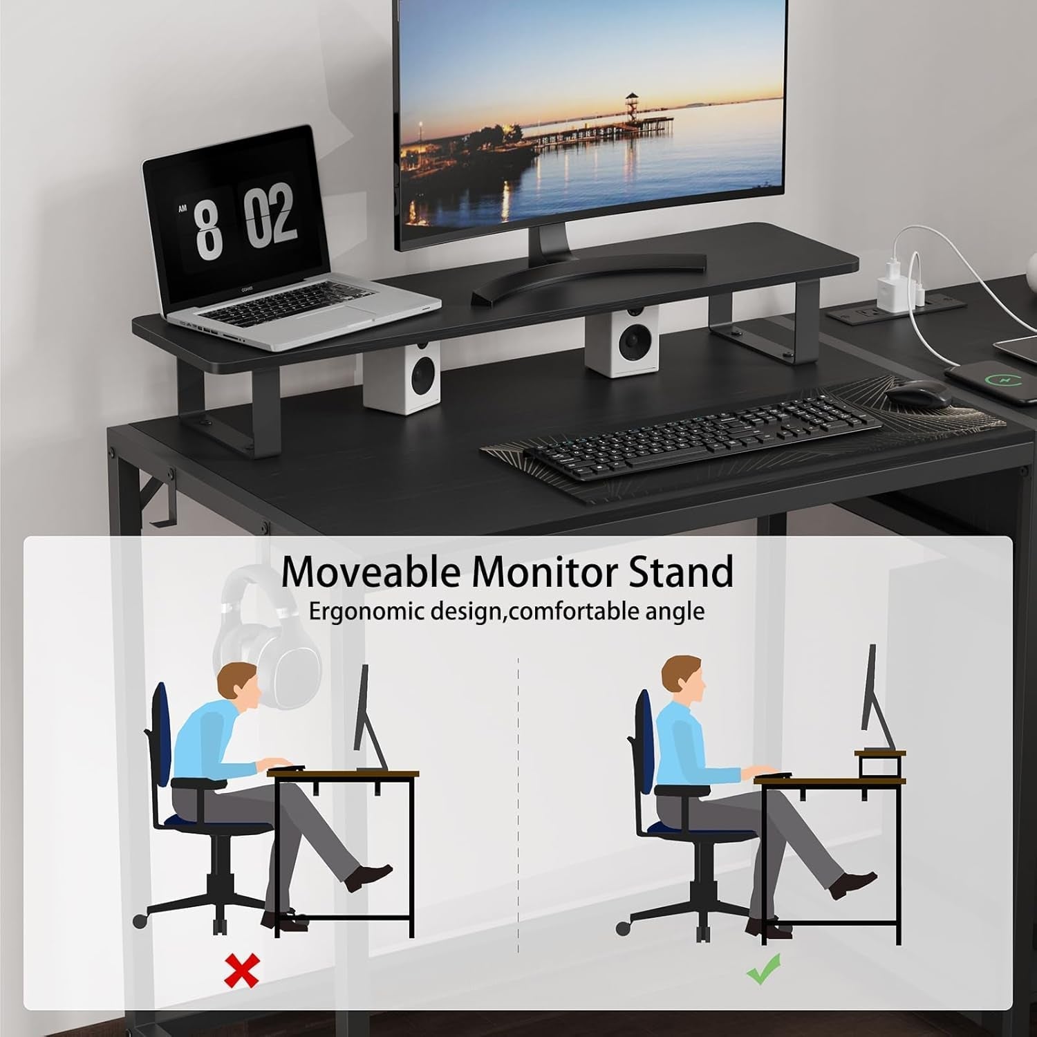 Gaming Desk With LED Lights Power Outlet And Drawers