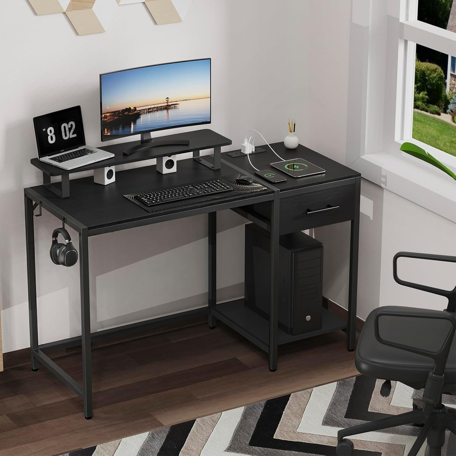 Gaming Desk With LED Lights Power Outlet And Drawers