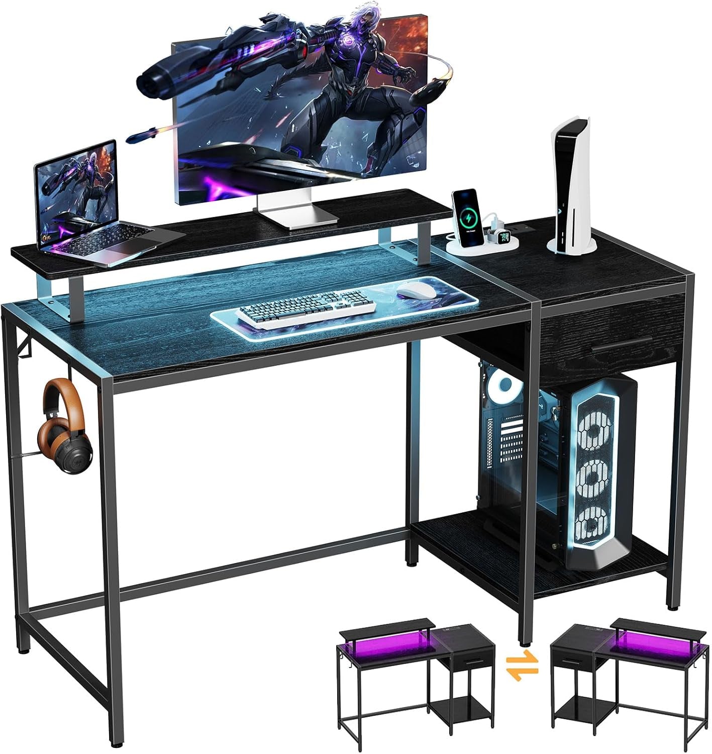 Gaming Desk With LED Lights Power Outlet And Drawers