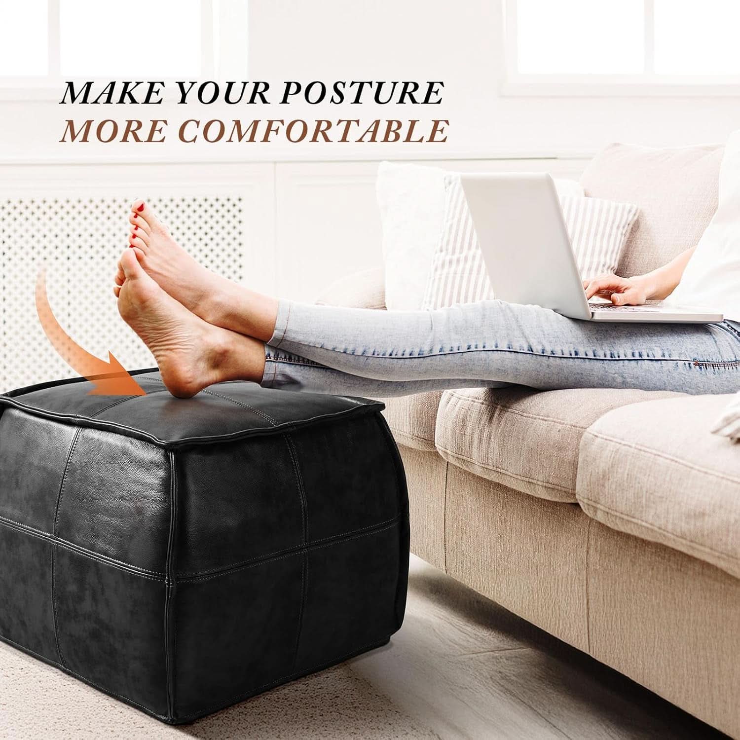 Genuine Full Grain Leather Ottoman Memory Foam Pouf Black