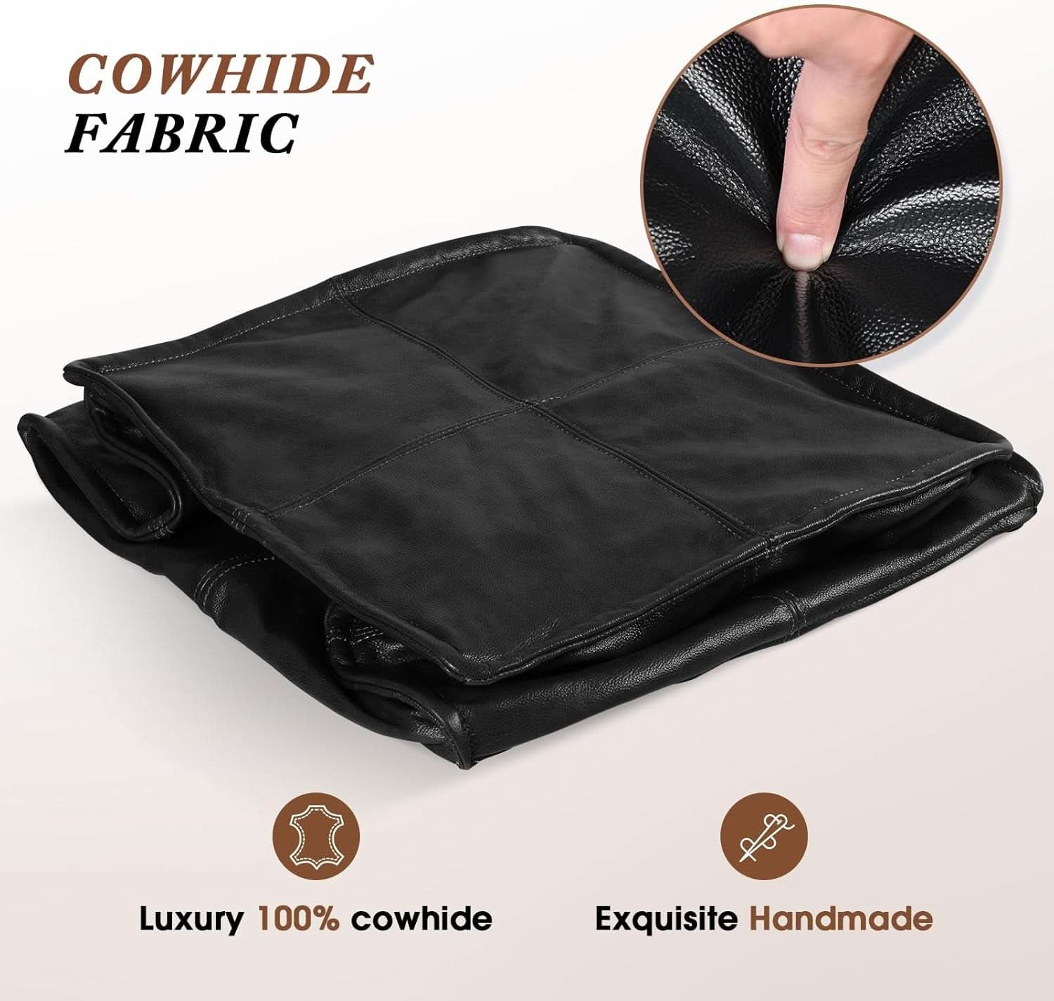 Genuine Full Grain Leather Ottoman Memory Foam Pouf Black