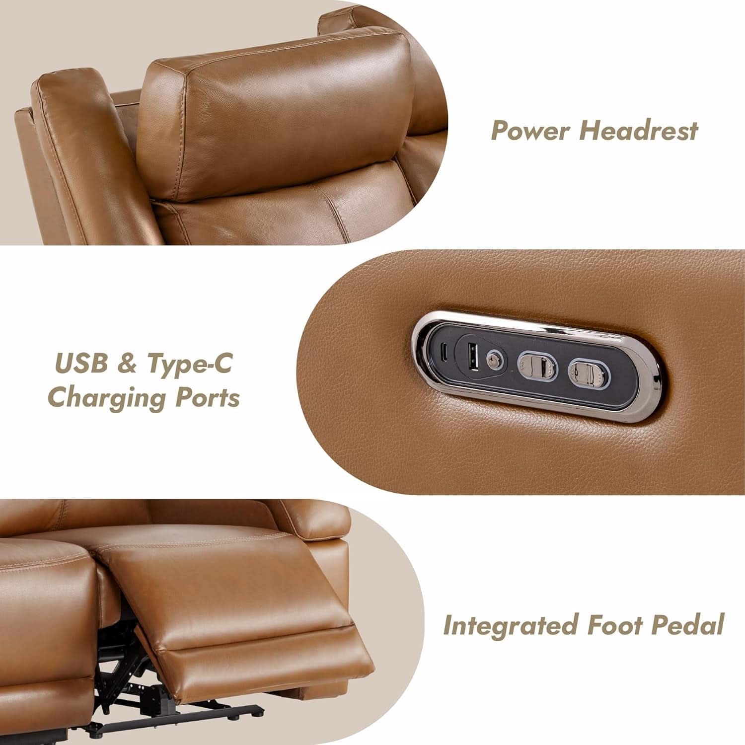 Genuine Leather Power Recliner Sofa 3 Seater USB Ports