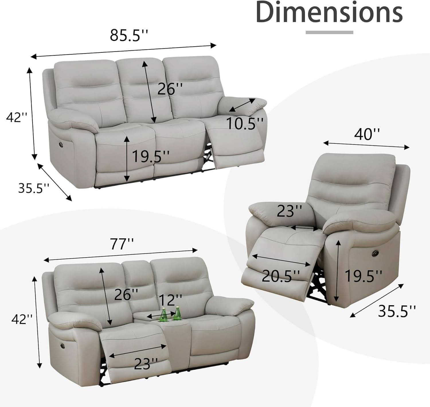 Genuine Leather Power Recliner Sofa Set 3 Piece Light Grey