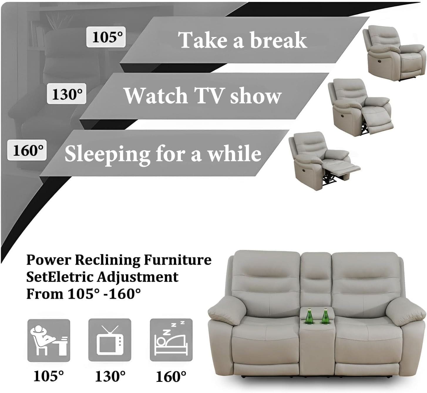 Genuine Leather Power Recliner Sofa Set 3 Piece Light Grey