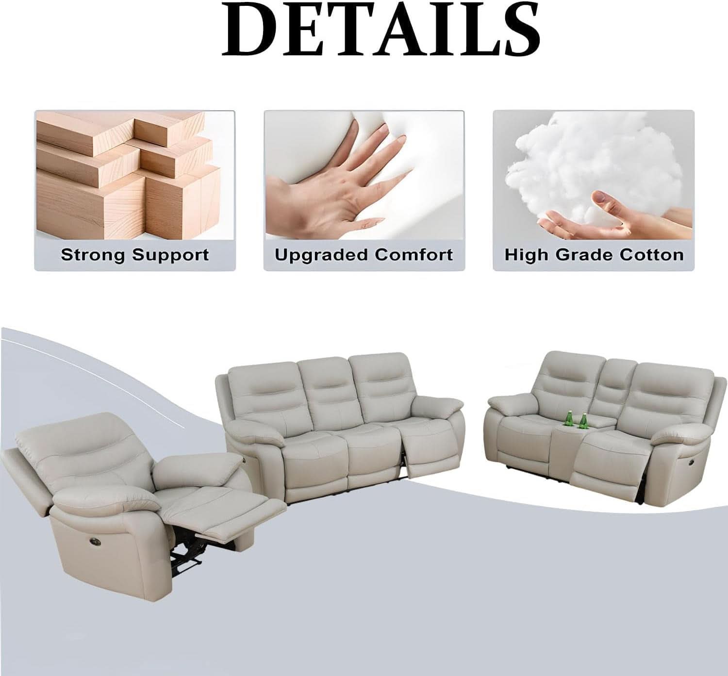 Genuine Leather Power Recliner Sofa Set 3 Piece Light Grey