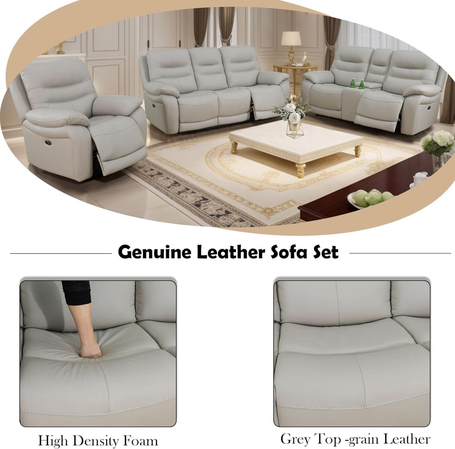 Genuine Leather Power Recliner Sofa Set 3 Piece Light Grey