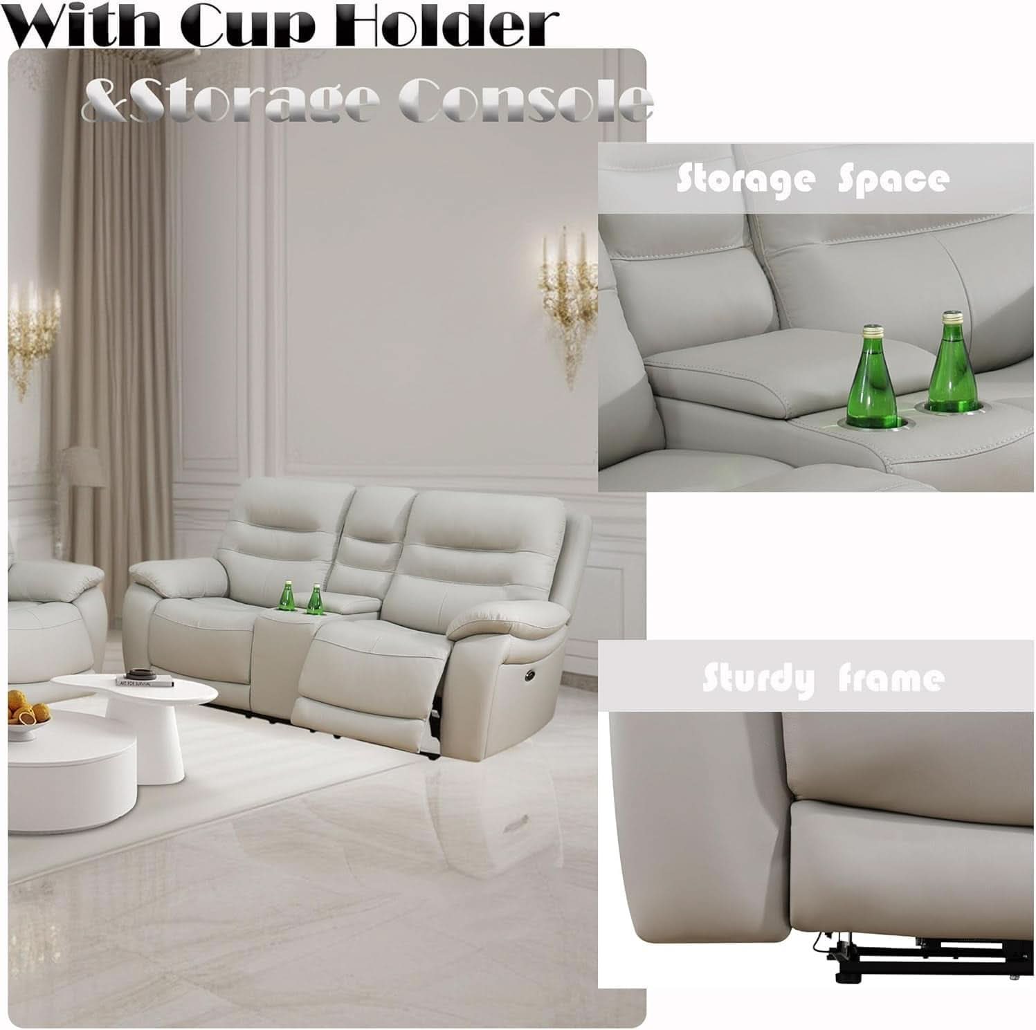 Genuine Leather Power Recliner Sofa Set 3 Piece Light Grey