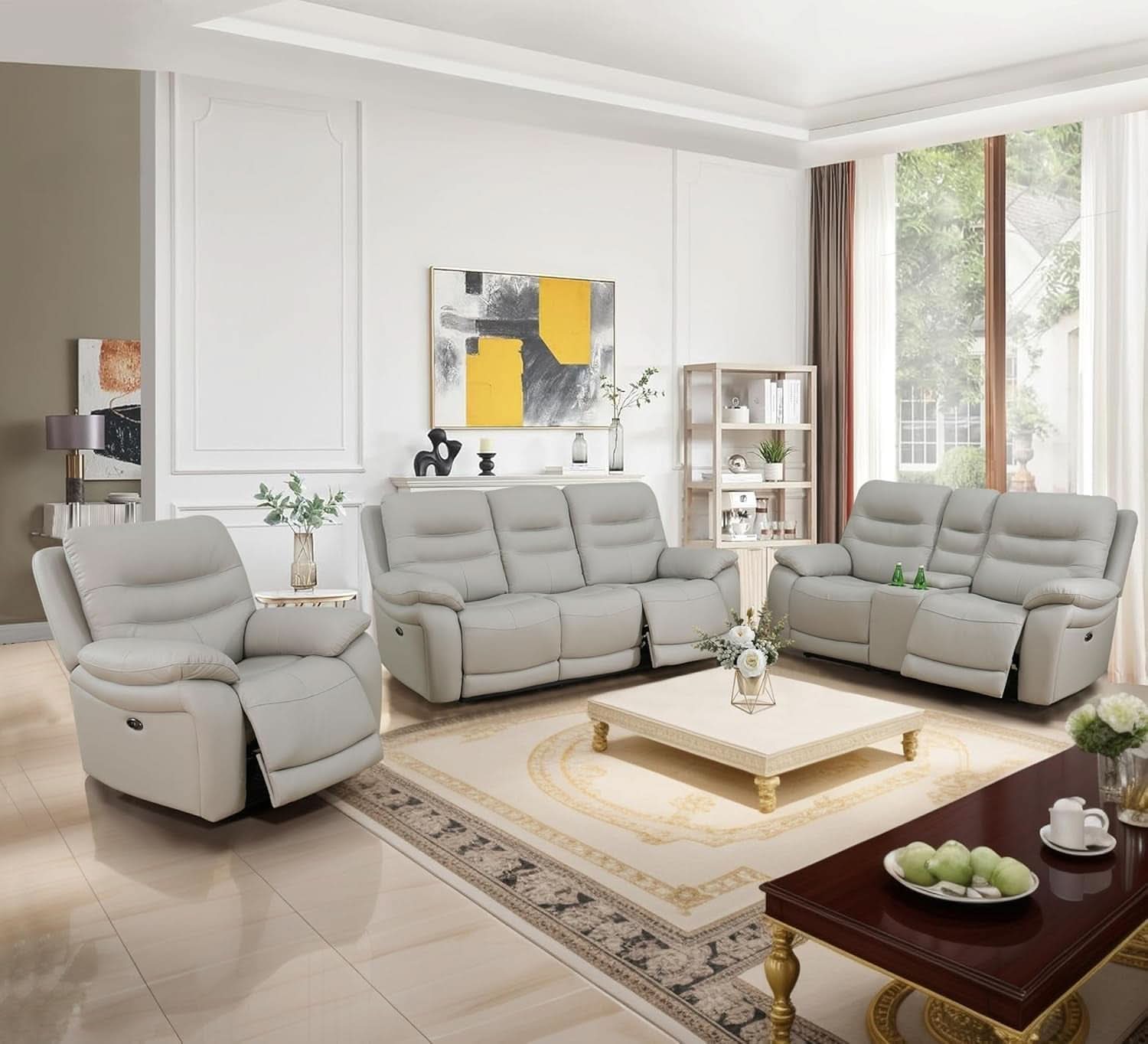 Genuine Leather Power Recliner Sofa Set 3 Piece Light Grey