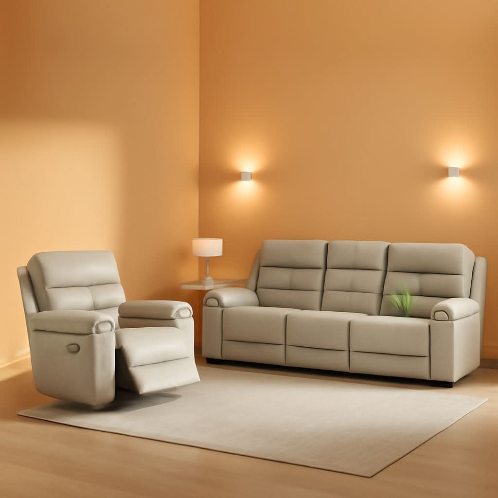 Genuine Leather Power Recliner Sofa Set 3 Piece Light Grey