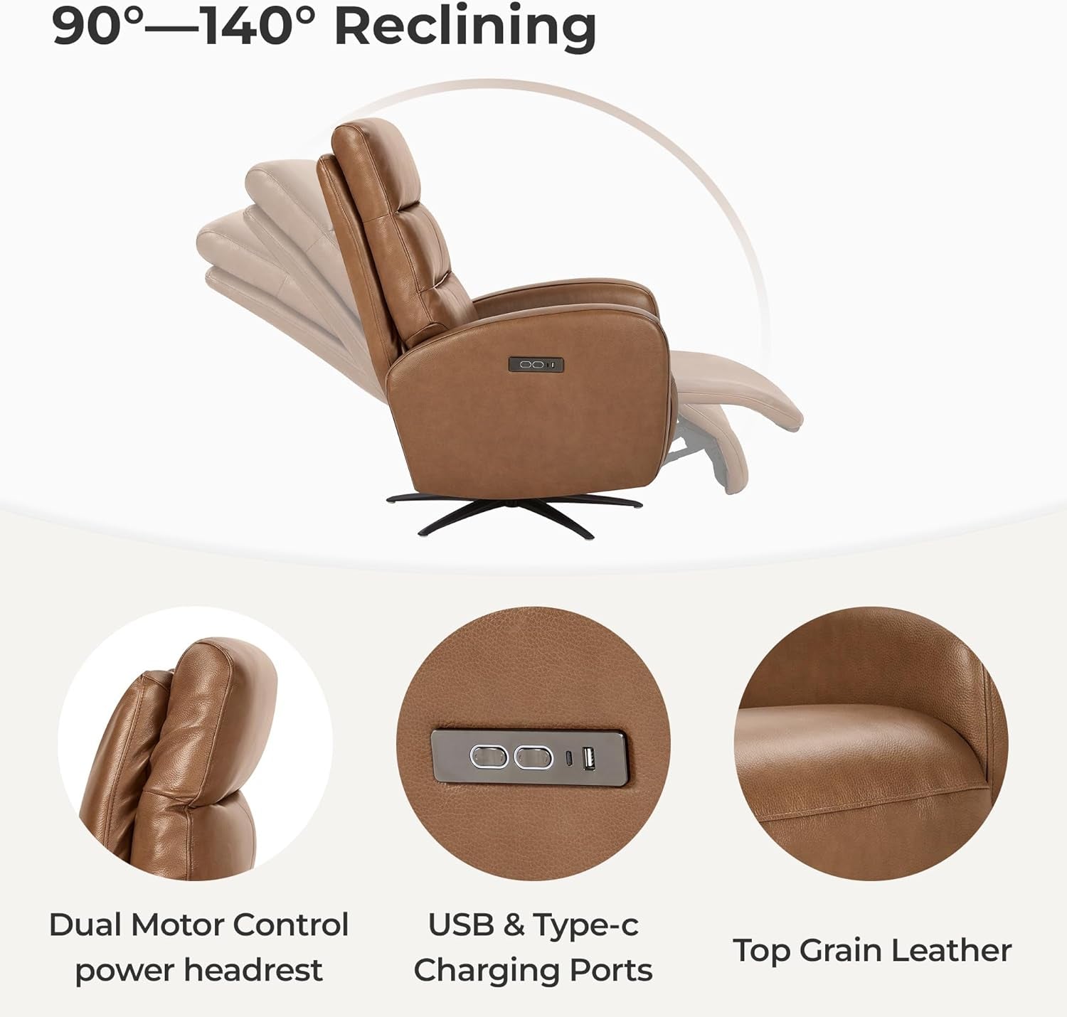 Genuine Leather Power Swivel Recliner Chair Saddle Brown