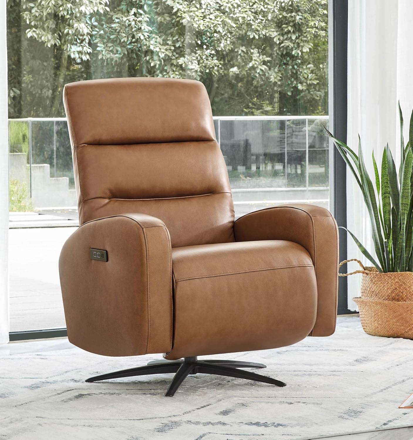 Genuine Leather Power Swivel Recliner Chair Saddle Brown