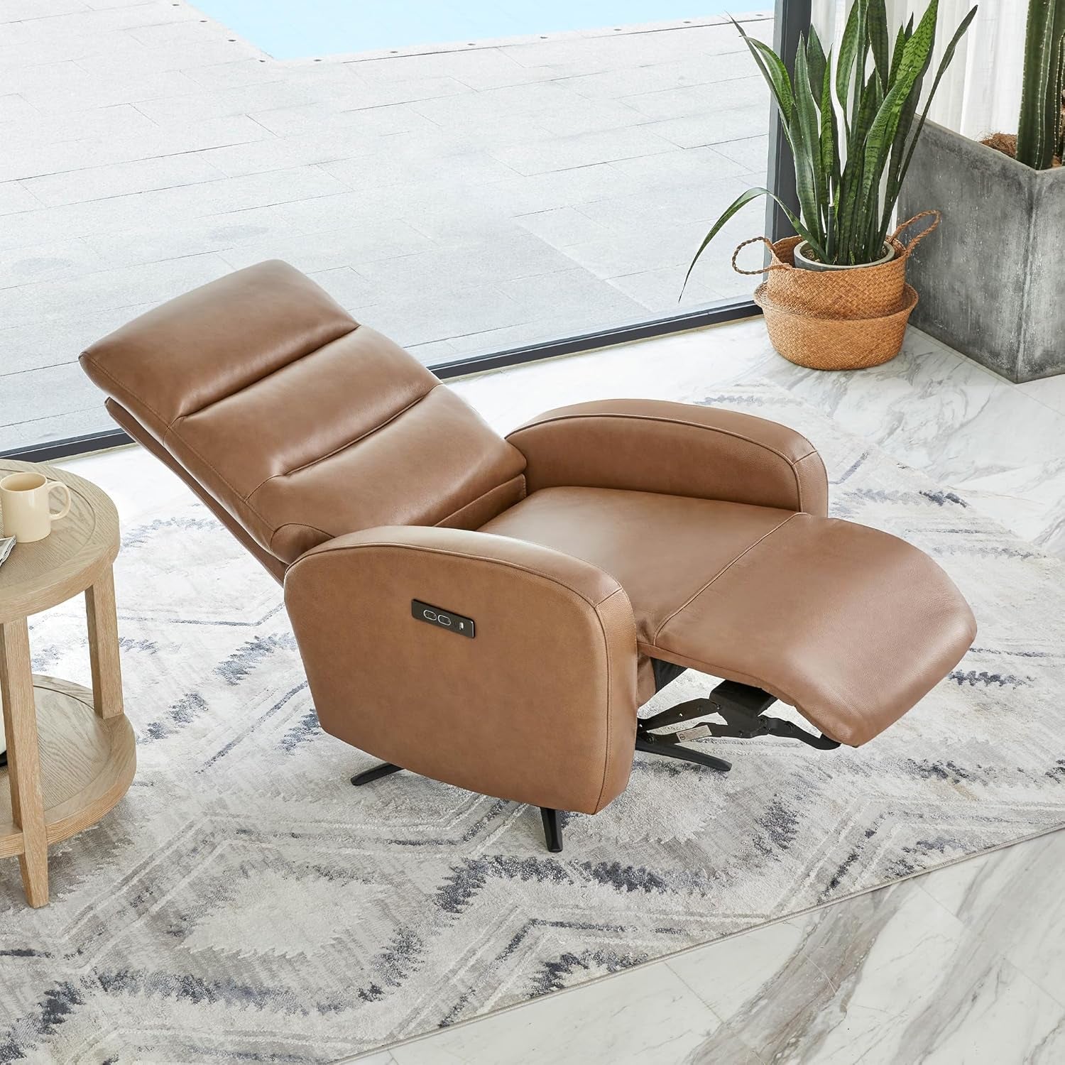 Genuine Leather Power Swivel Recliner Chair Saddle Brown