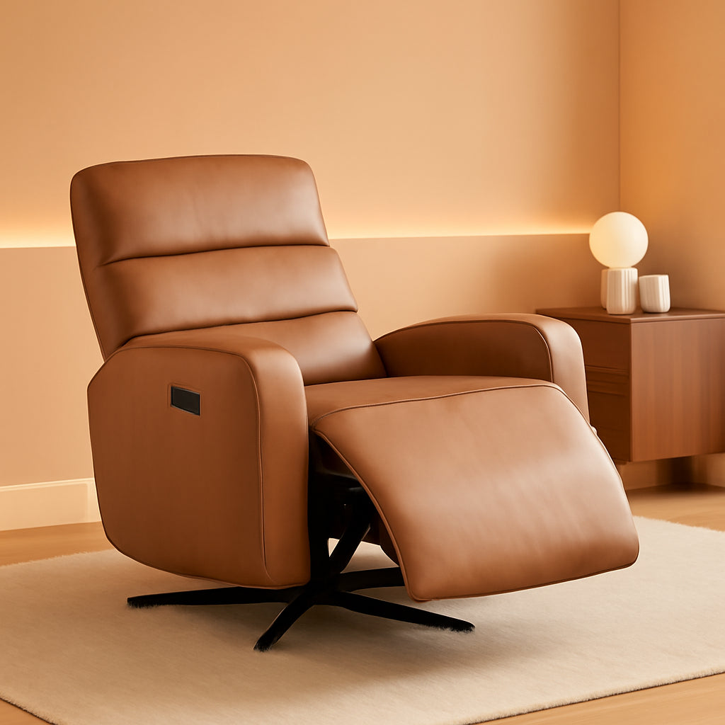 Genuine Leather Power Swivel Recliner Chair Saddle Brown