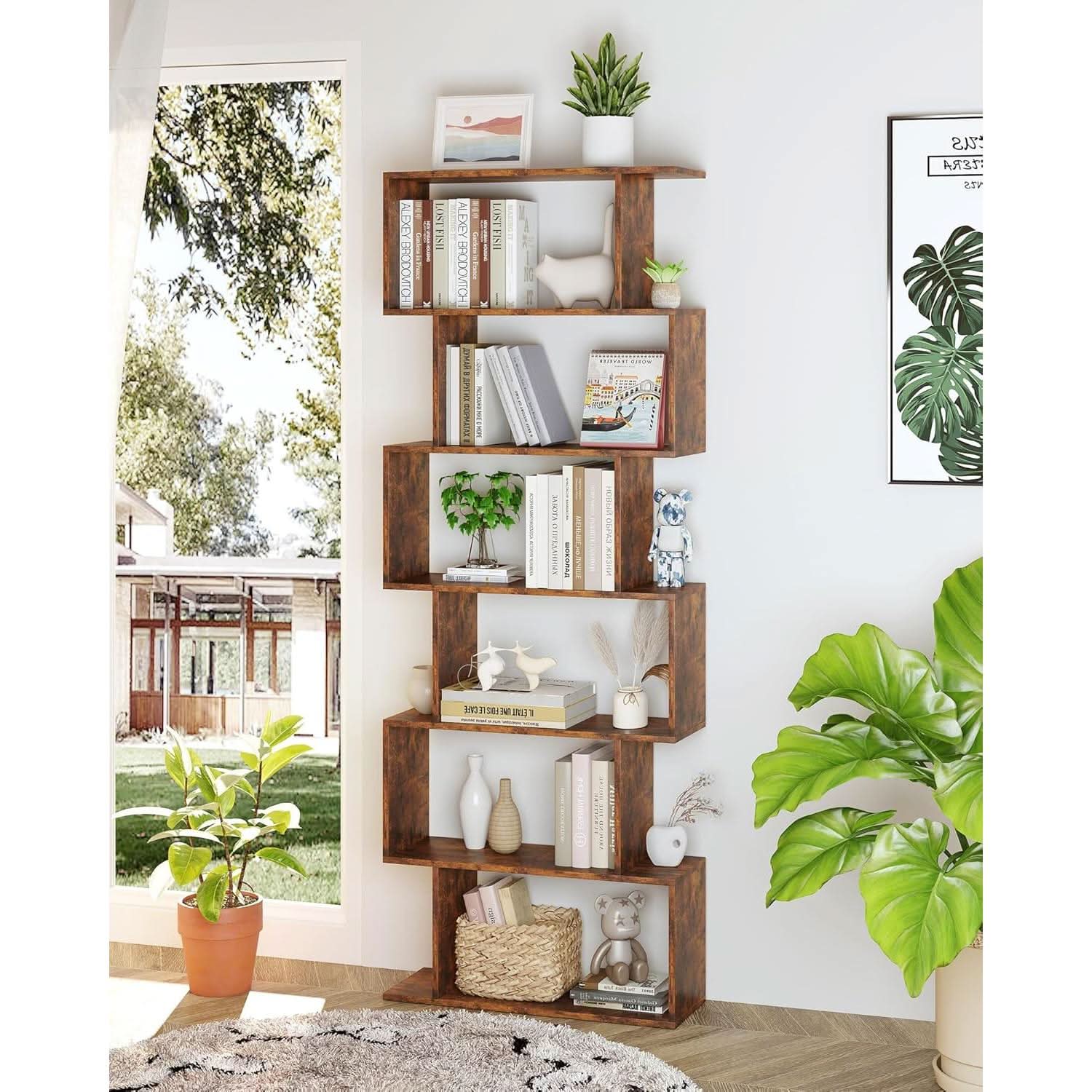 Geometric Bookcase 6 Tier S Shaped Rustic Brown Wood Shelf