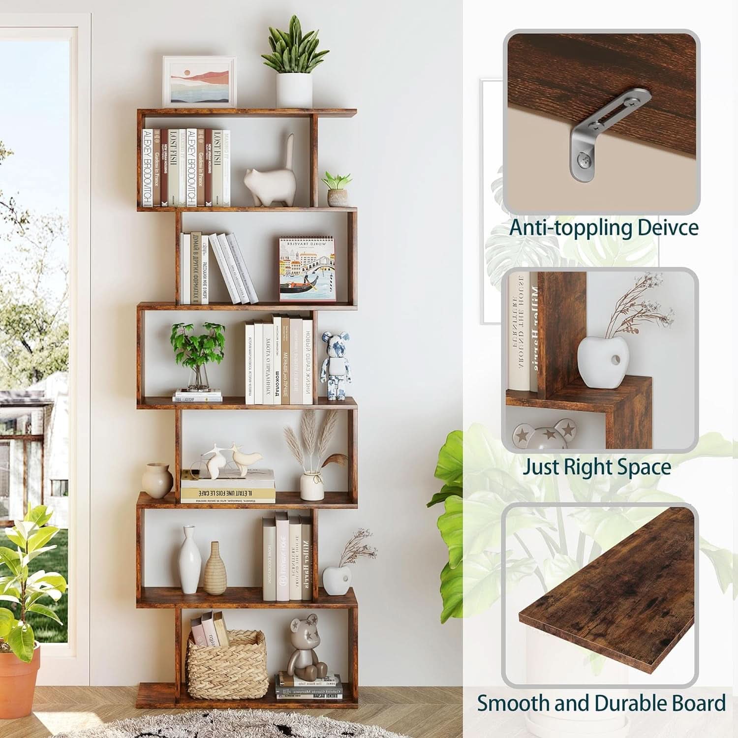 Geometric Bookcase 6 Tier S Shaped Rustic Brown Wood Shelf