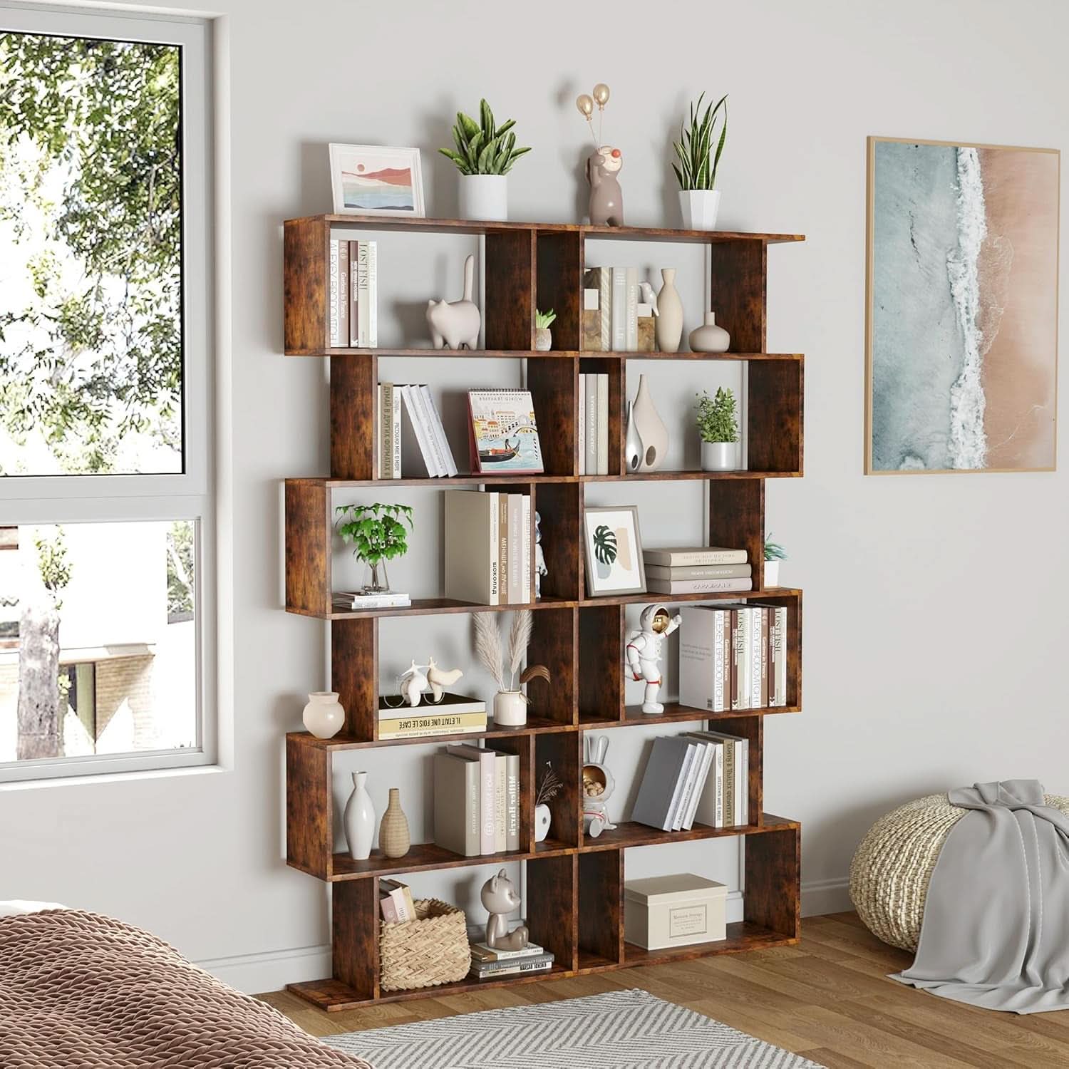 Geometric Bookcase 6 Tier S Shaped Rustic Brown Wood Shelf