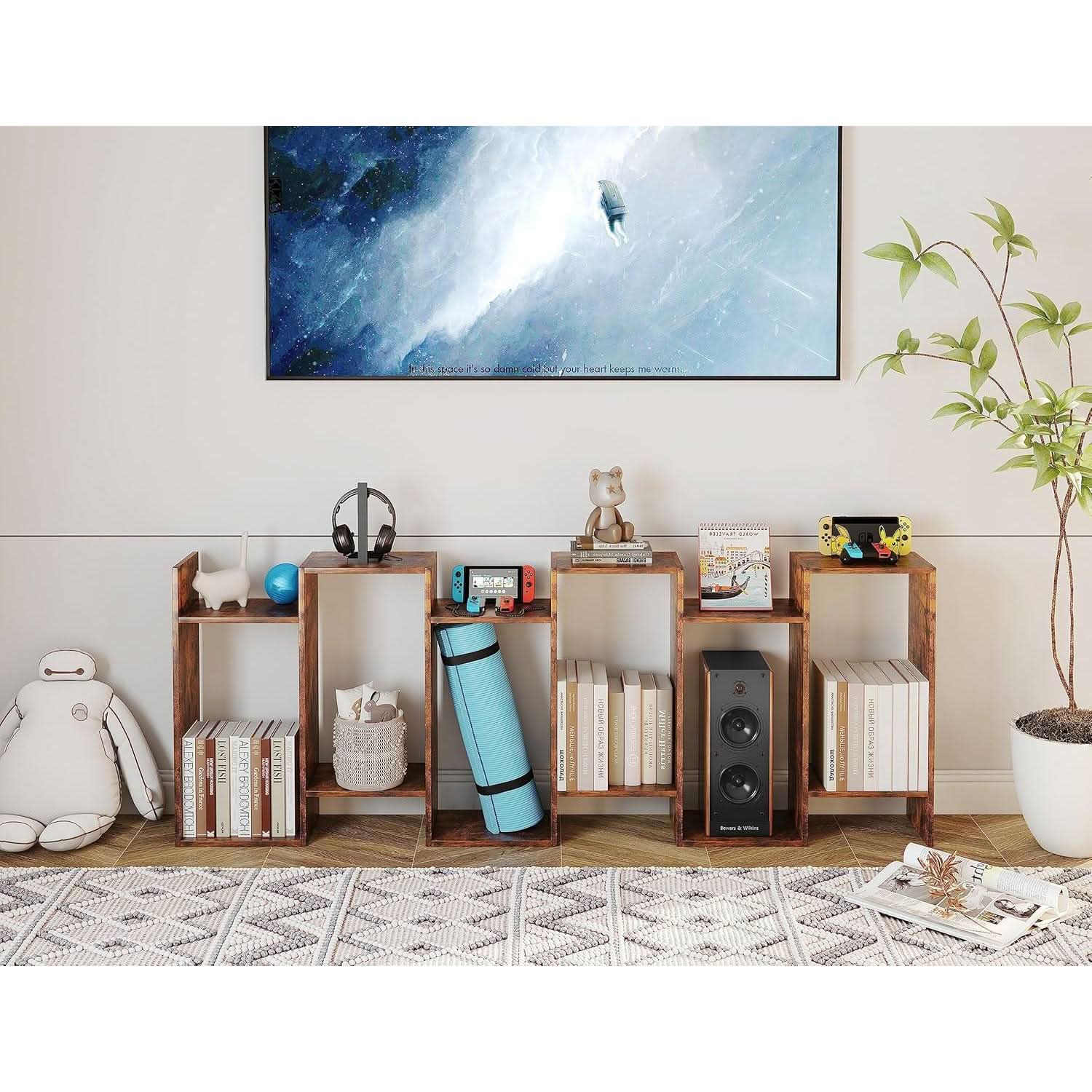 Geometric Bookcase 6 Tier S Shaped Rustic Brown Wood Shelf